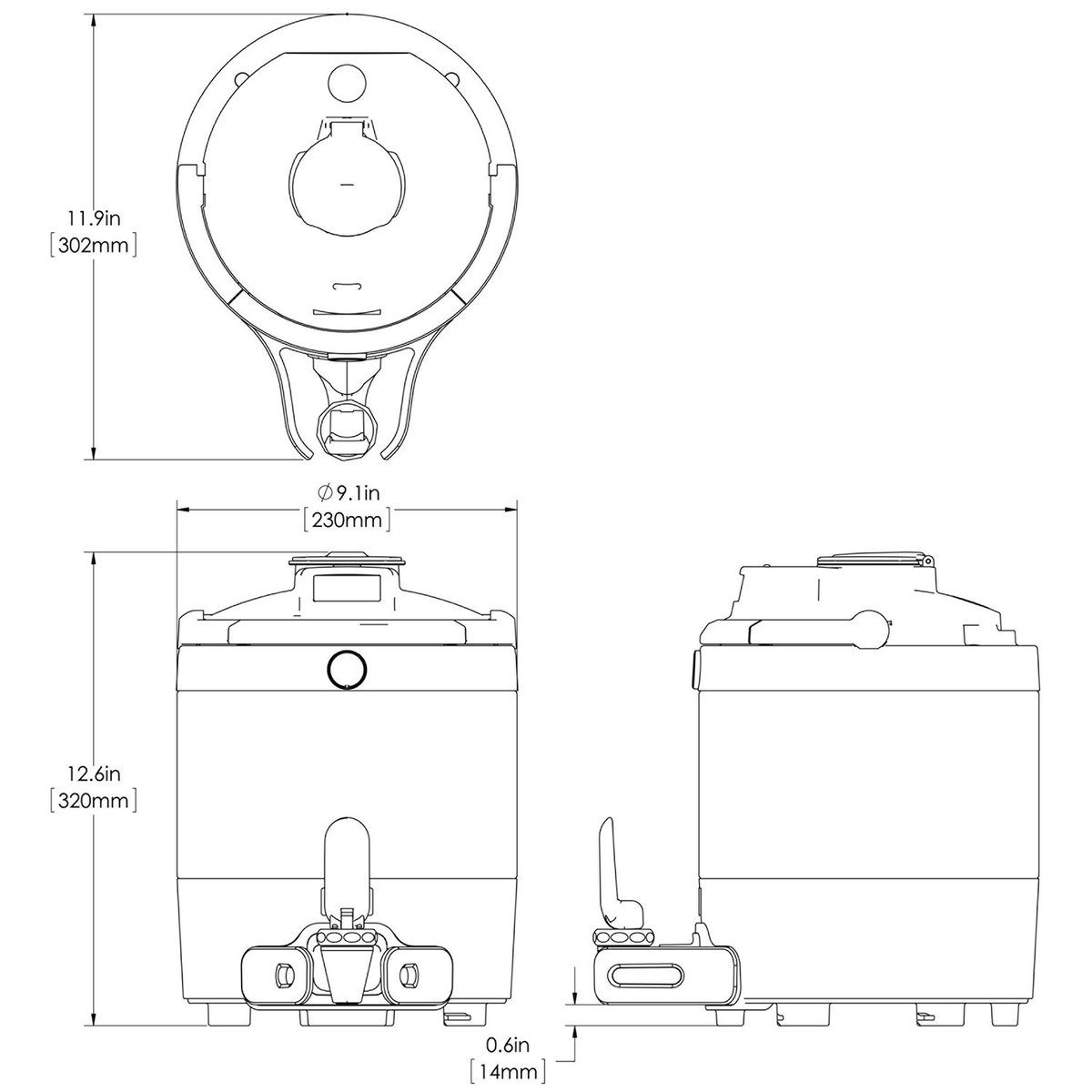 Technical dimension diagram of the BUNN TF server showing height 12.6 in, width 9.1 in, and depth 11.9 in