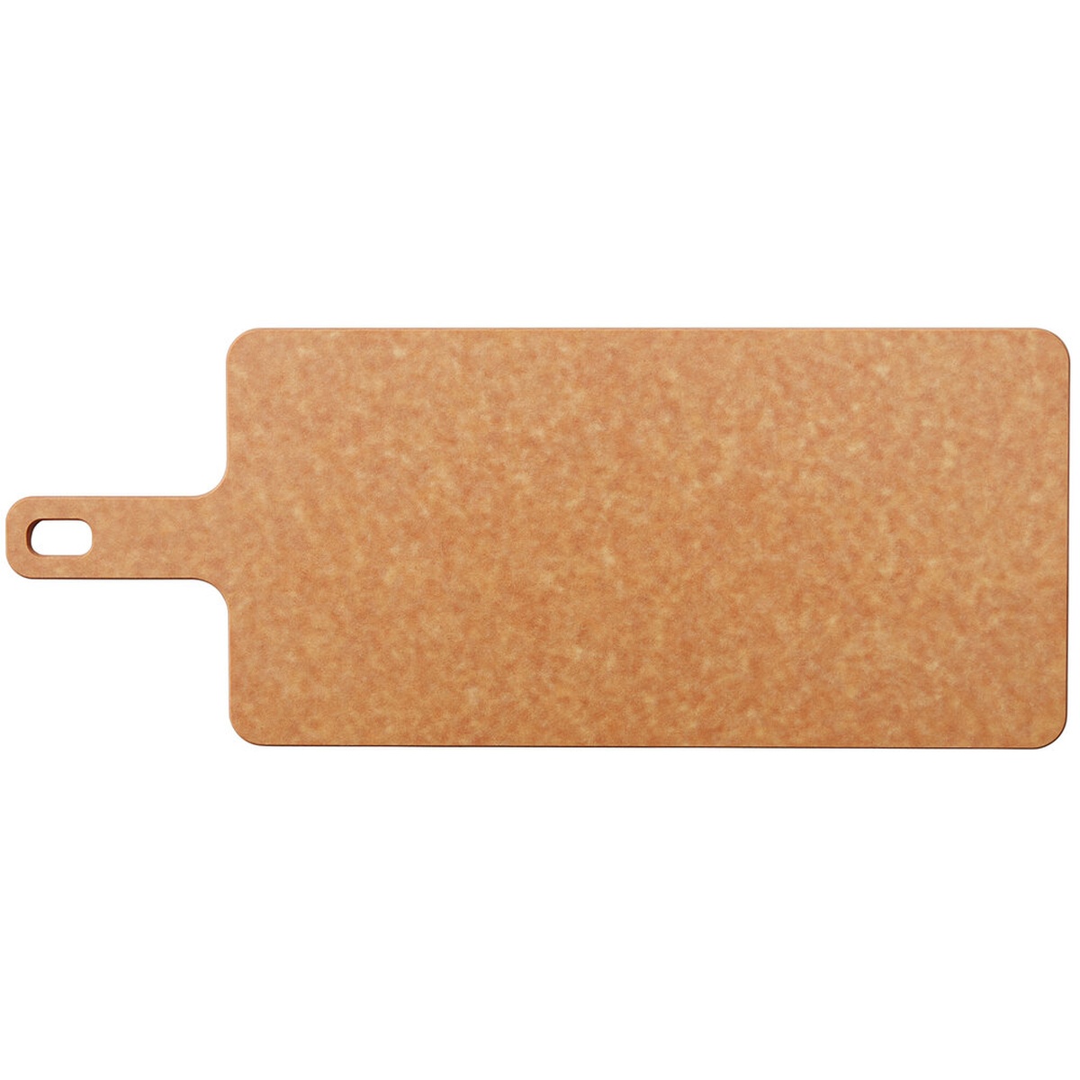 Epicurean natural richlite wood fiber serving paddle with handle and hanging hole, top-down view