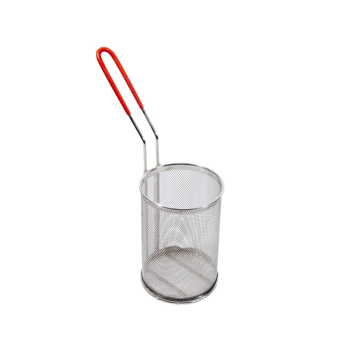 Town stainless steel pasta blanching basket with red coated cool-grip handle, side view