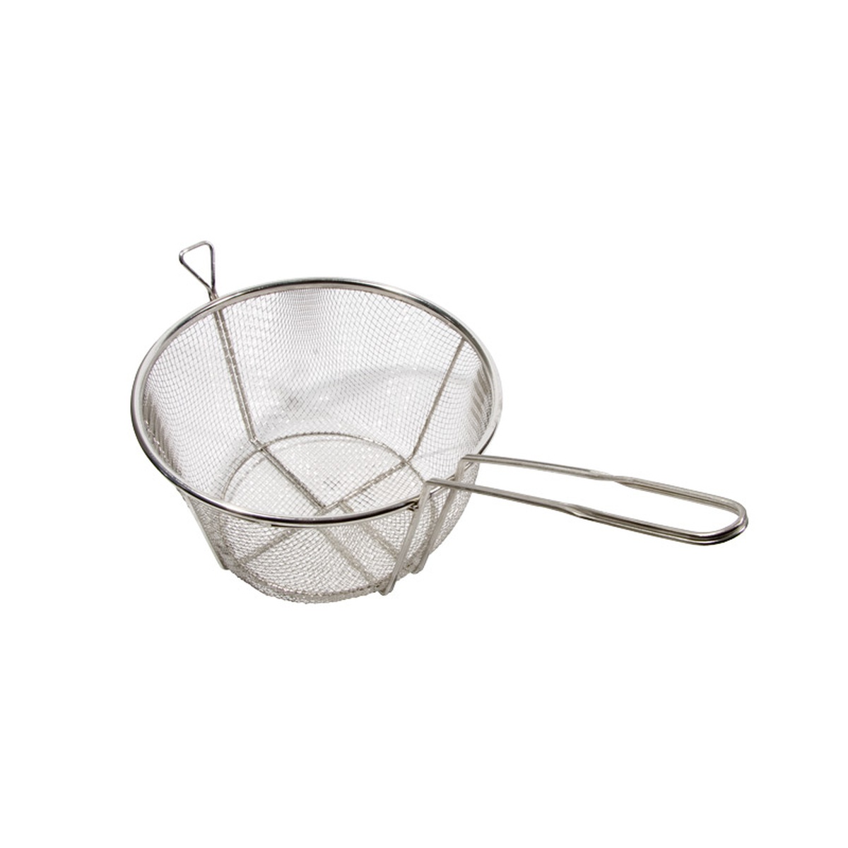 Town 42939 round stainless steel pasta basket with mesh body, reinforced frame, and long handle
