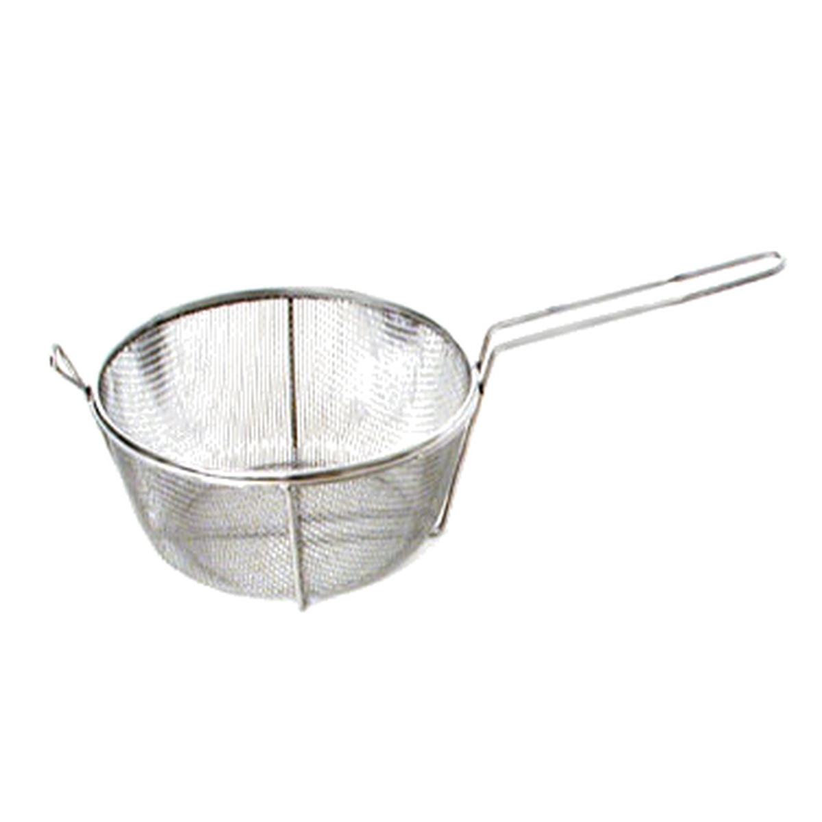 Town 42942 stainless steel round culinary basket with long handle, side angle view
