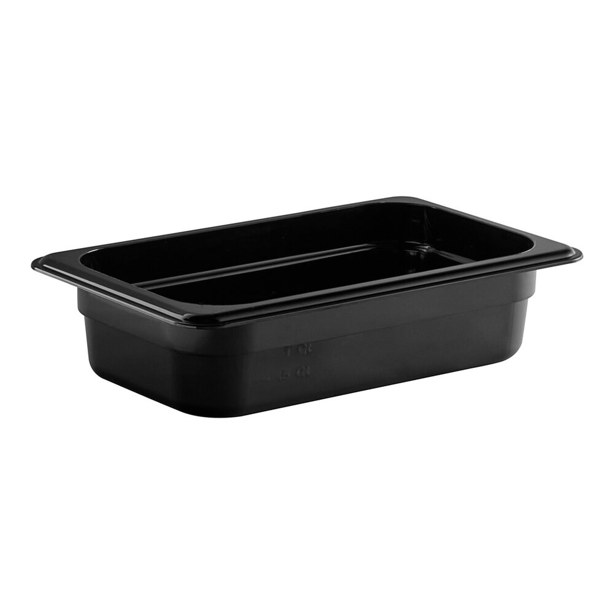 Cambro 42CW110 1/4 size black polycarbonate food pan with molded-in measurement graduations, shown on white background
