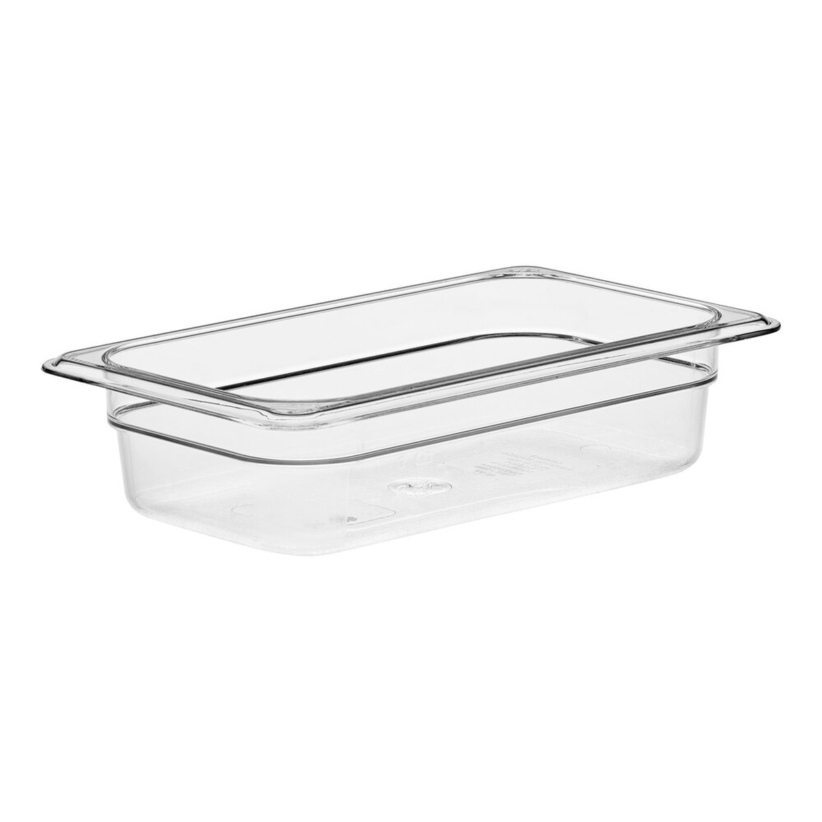 Cambro 42CW135 clear polycarbonate 1/4 size food pan, 2-1/2 inch deep, shown on white background