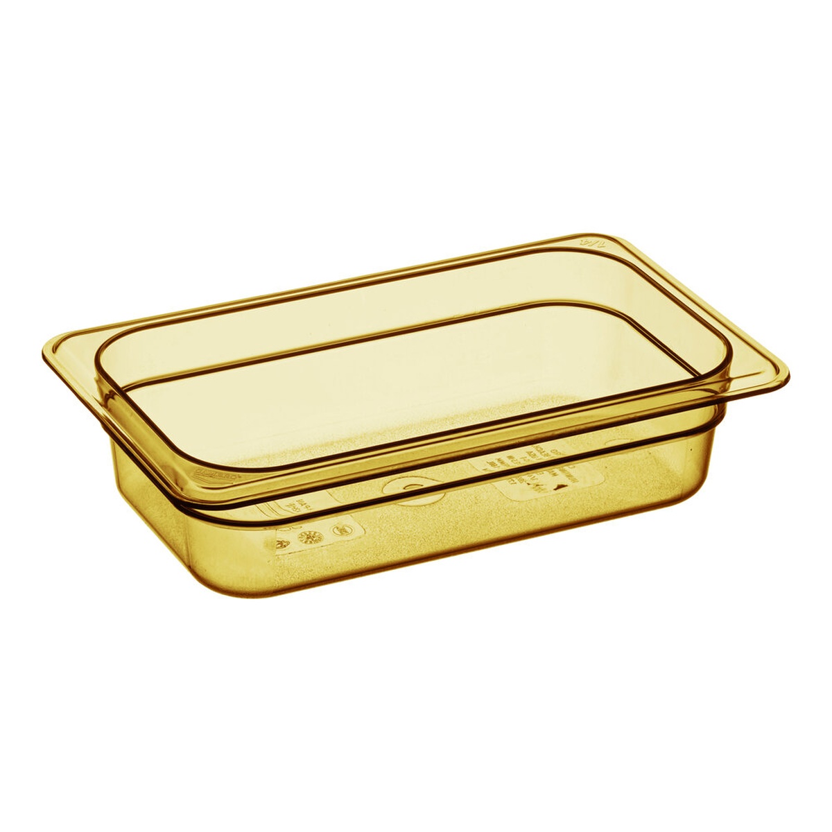 Cambro 42HP150 amber 1/4 size high heat food pan, 2-1/2 inch deep, shown on white background