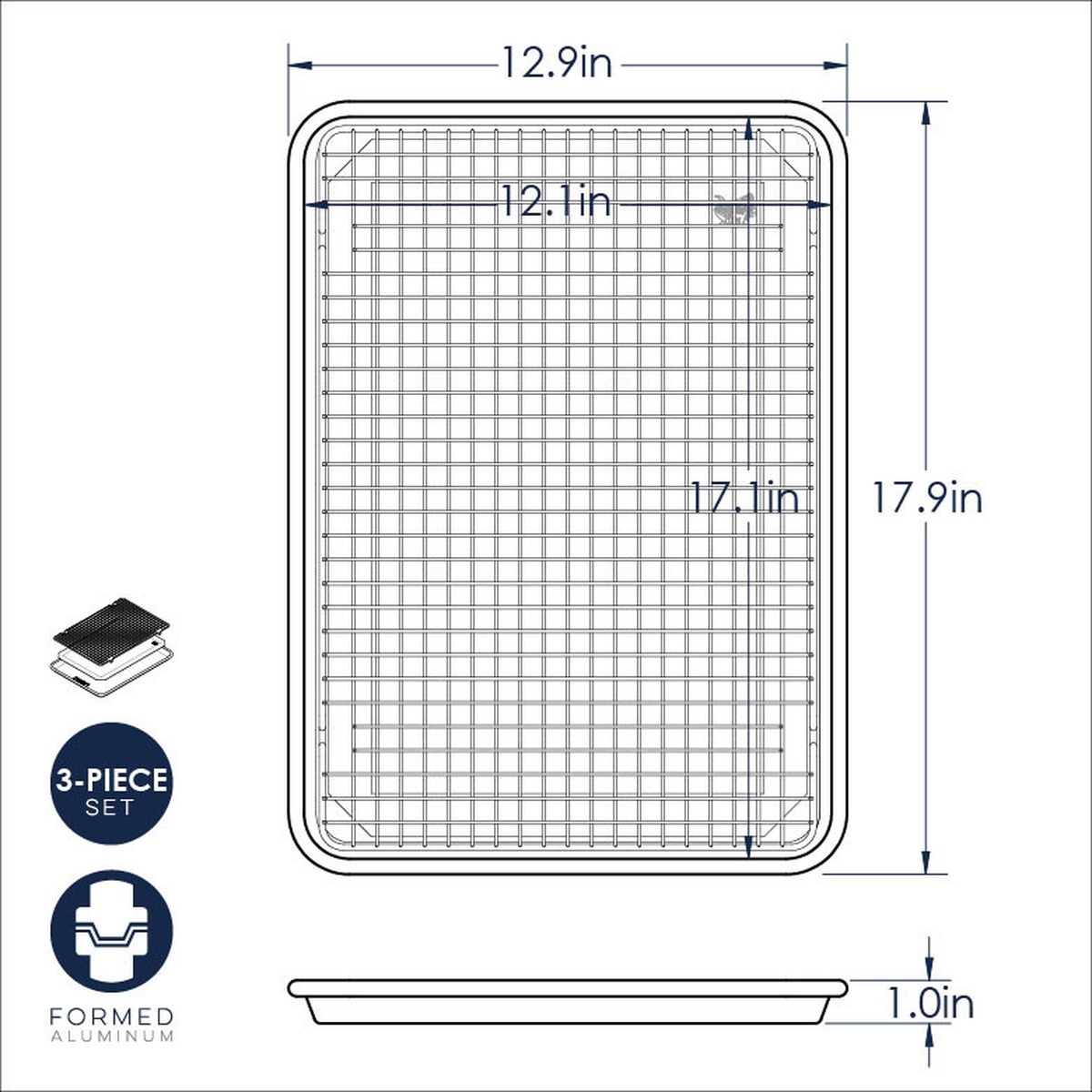 Dimension diagram of Nordic Ware half sheet pan showing 17.9 inch length, 12.9 inch width, and 1 inch depth with interior measurements