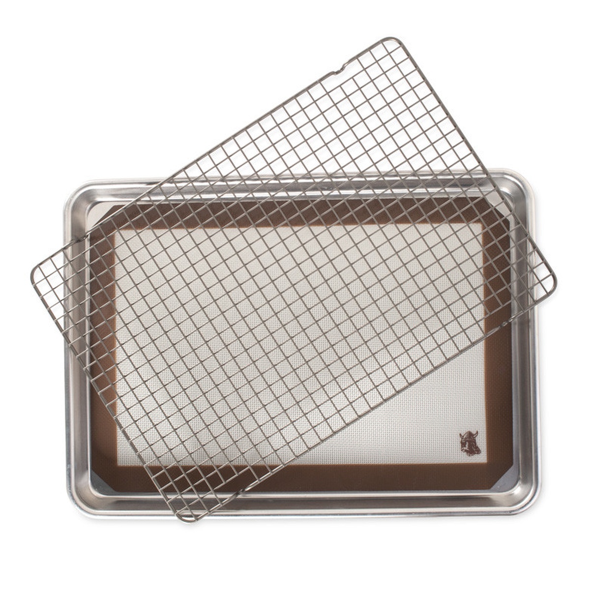 Nordic Ware Naturals 3-piece cookie baking set showing aluminum half sheet pan, silicone baking mat, and nonstick cooling rack