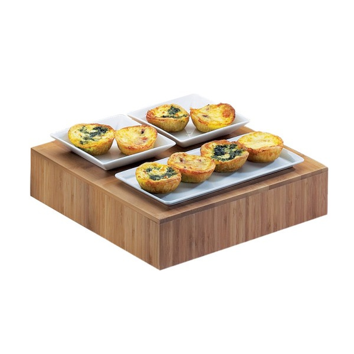 Cal-Mil bamboo square riser with white plates of appetizers displayed on top