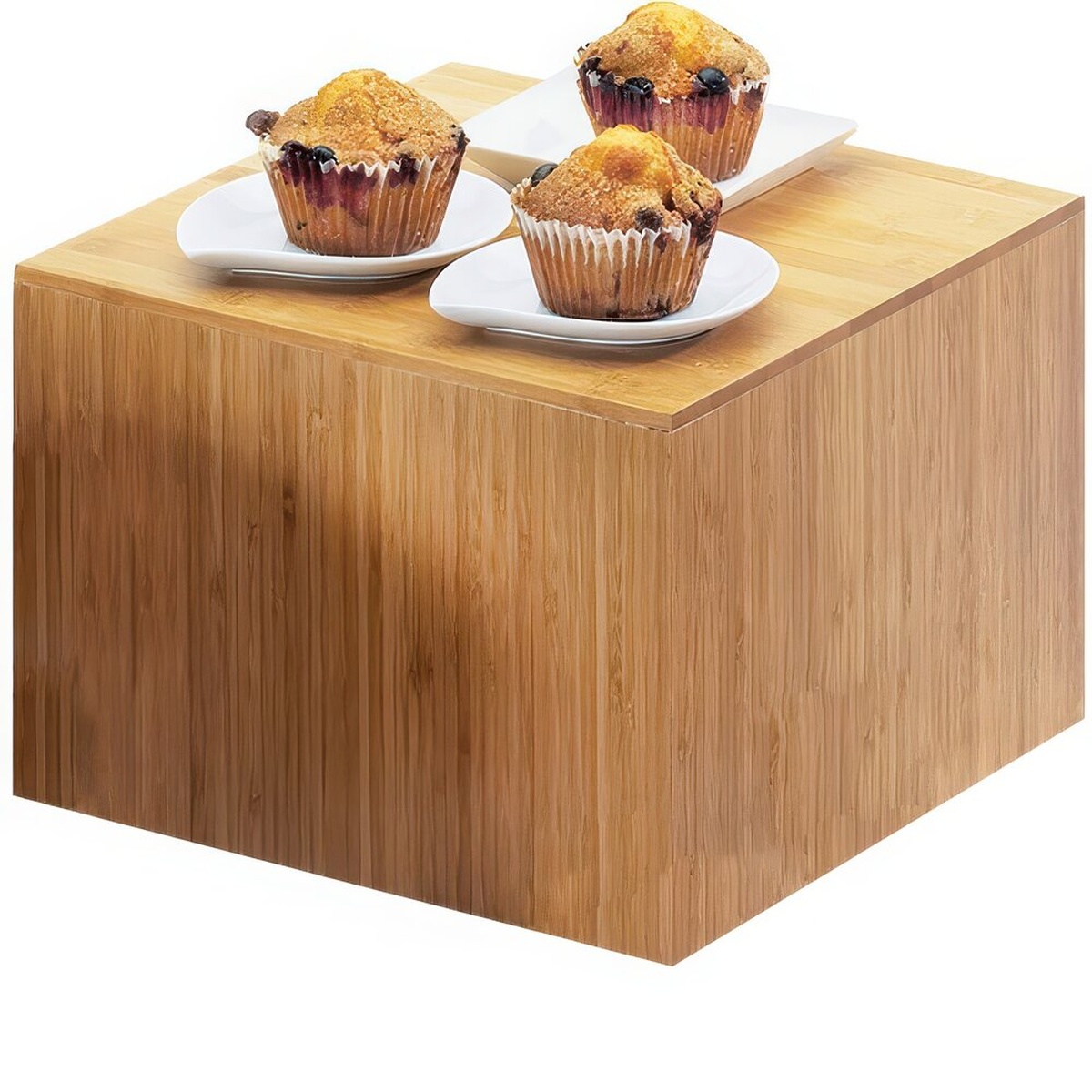 Cal-Mil 432-9-60 bamboo square riser showing natural wood grain finish and flat top display surface