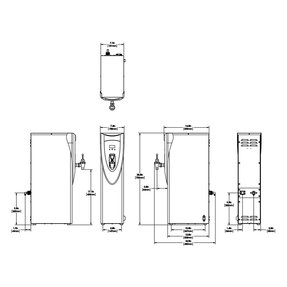 BUNN H5X hot water dispenser technical dimension diagram showing all views with measurements