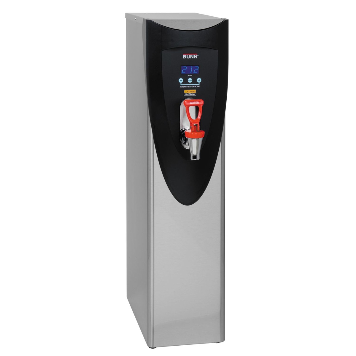 BUNN H5X Element stainless steel hot water dispenser with LED display showing 212 degrees and red dispensing faucet