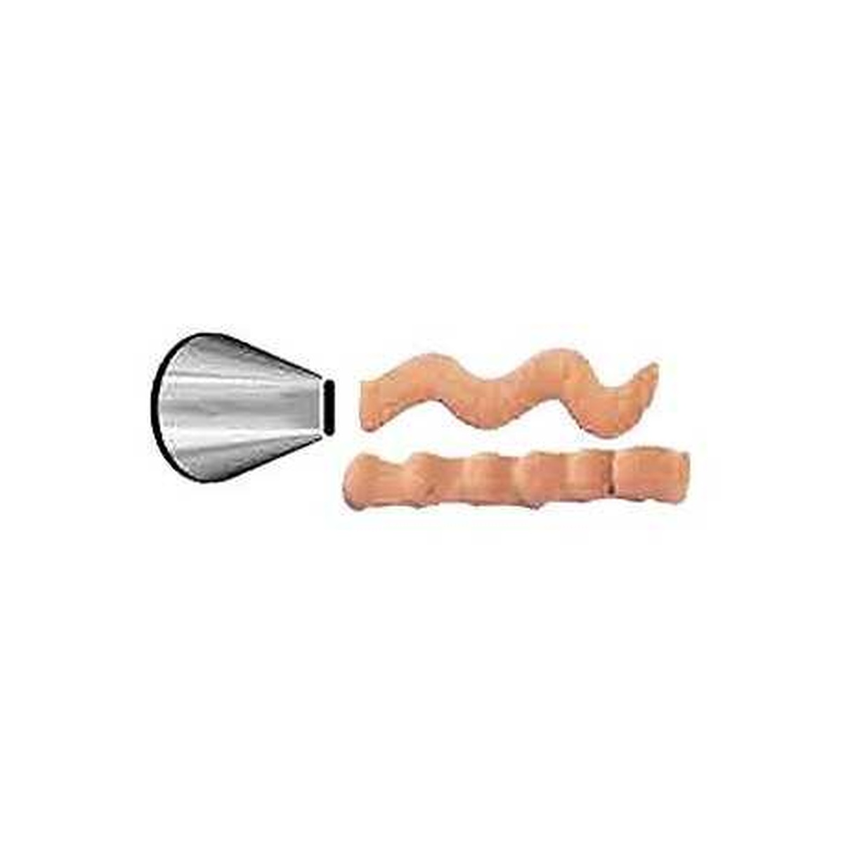 Ateco 44 stainless steel ribbon pastry tip shown alongside two frosting pipe examples: a wavy ribbon line and a basketweave border