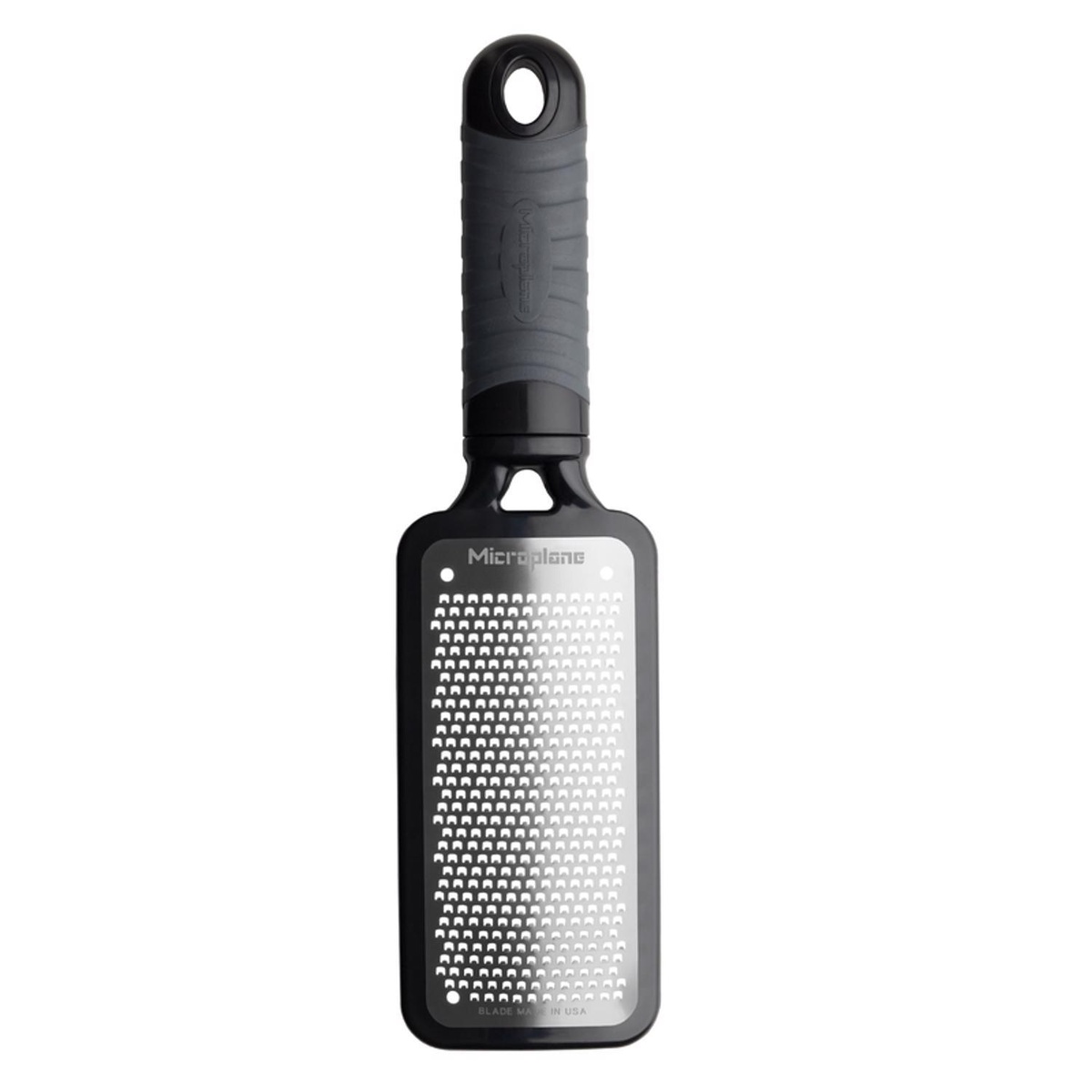 Microplane 44002 Fine Grater with black soft-grip handle and stainless steel blade, front view