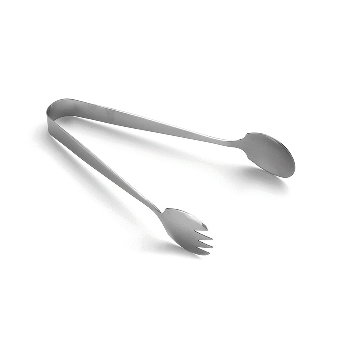 TableCraft 4403 stainless steel serving tongs with fork-and-spoon style pinchers on white background
