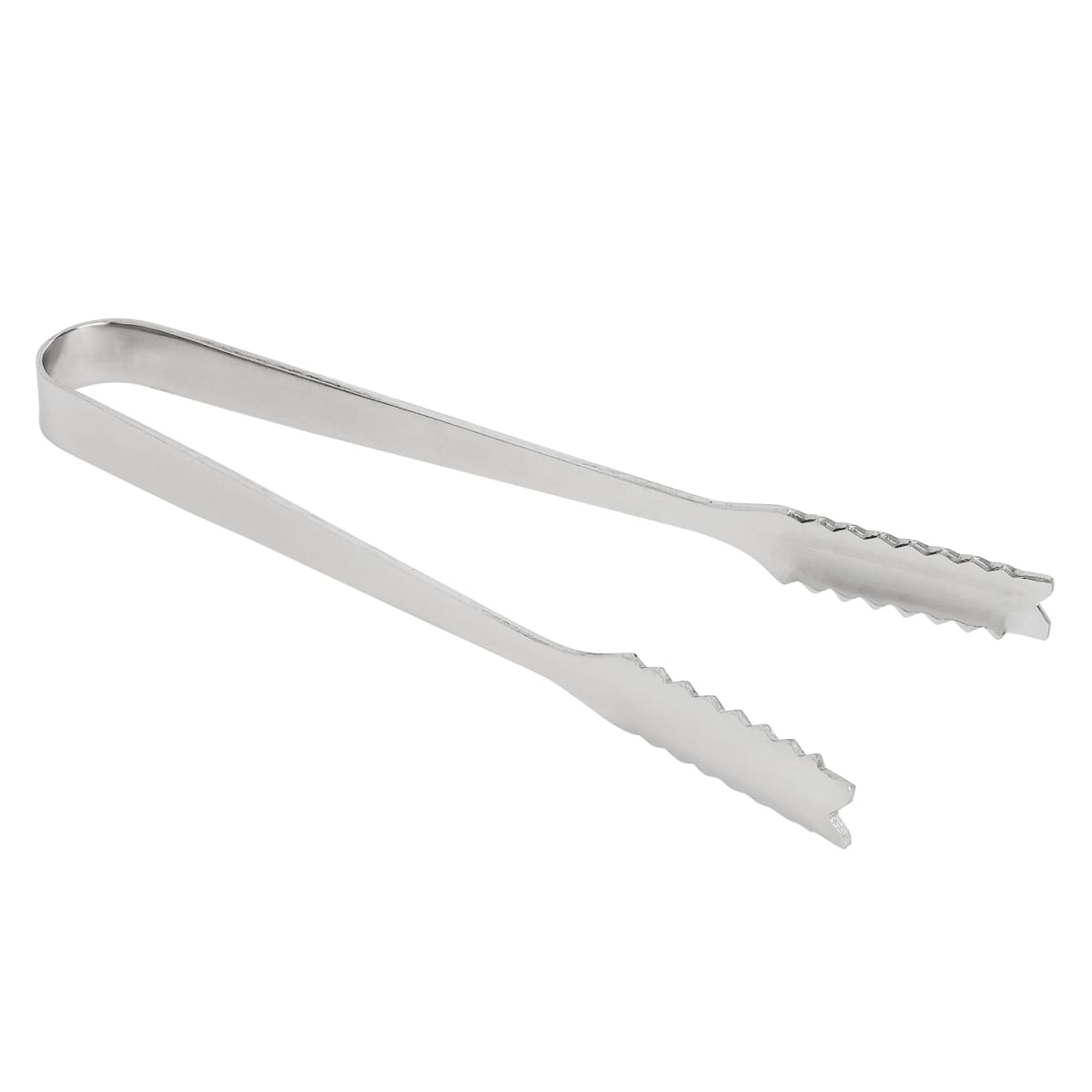 Tablecraft 4405 6.5-inch stainless steel serving tongs shown at an angle on white background