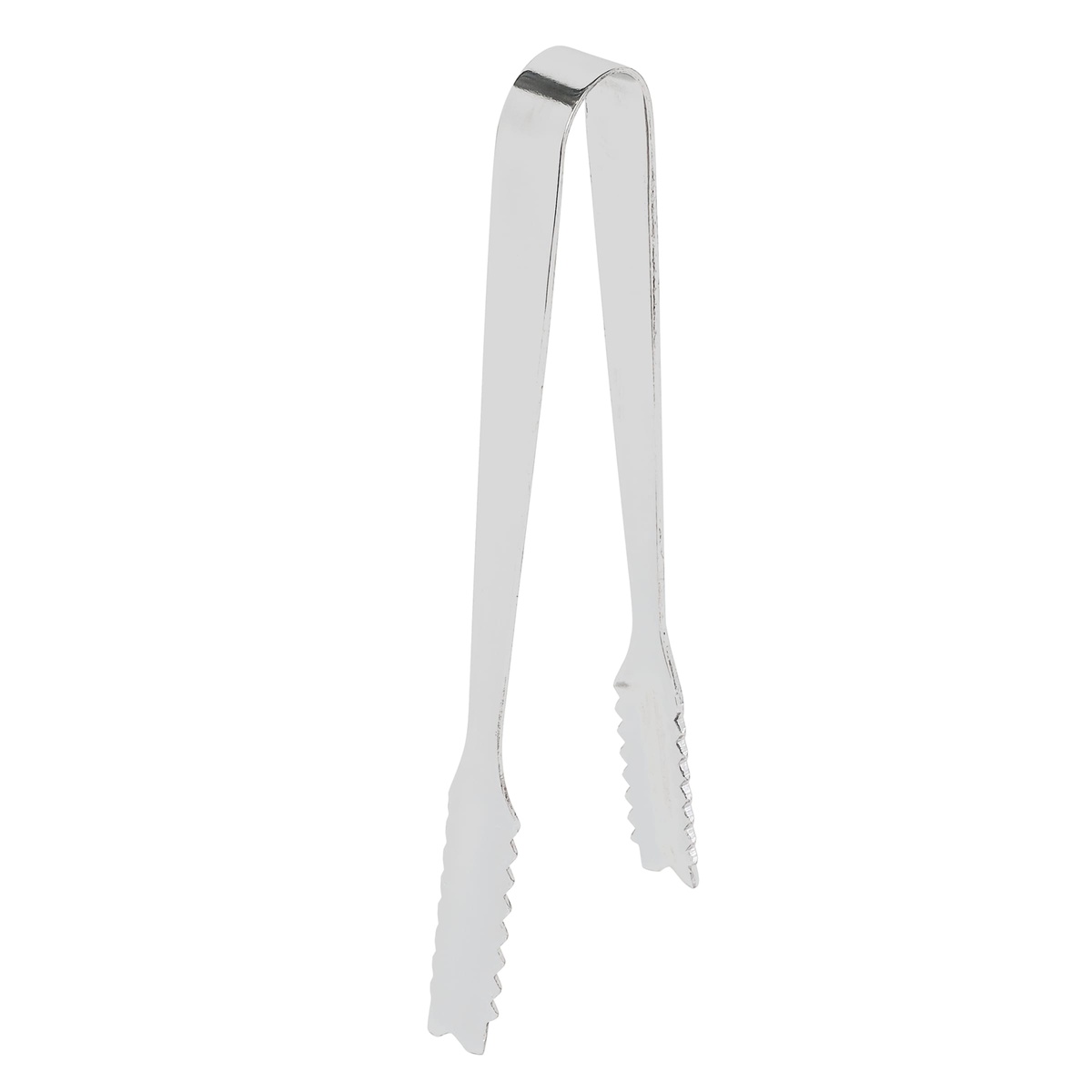Tablecraft 4405 stainless serving tongs shown upright from the front, displaying full length and teethed ends