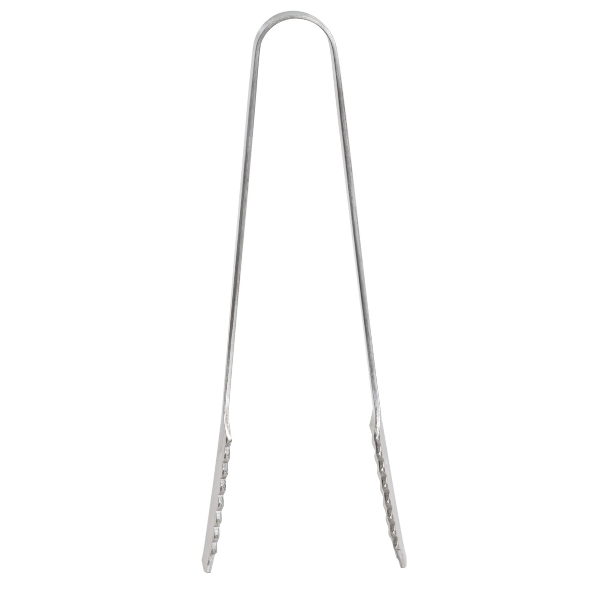 Tablecraft 4405 stainless steel serving tongs viewed from the back showing the spring loop handle and teethed tips