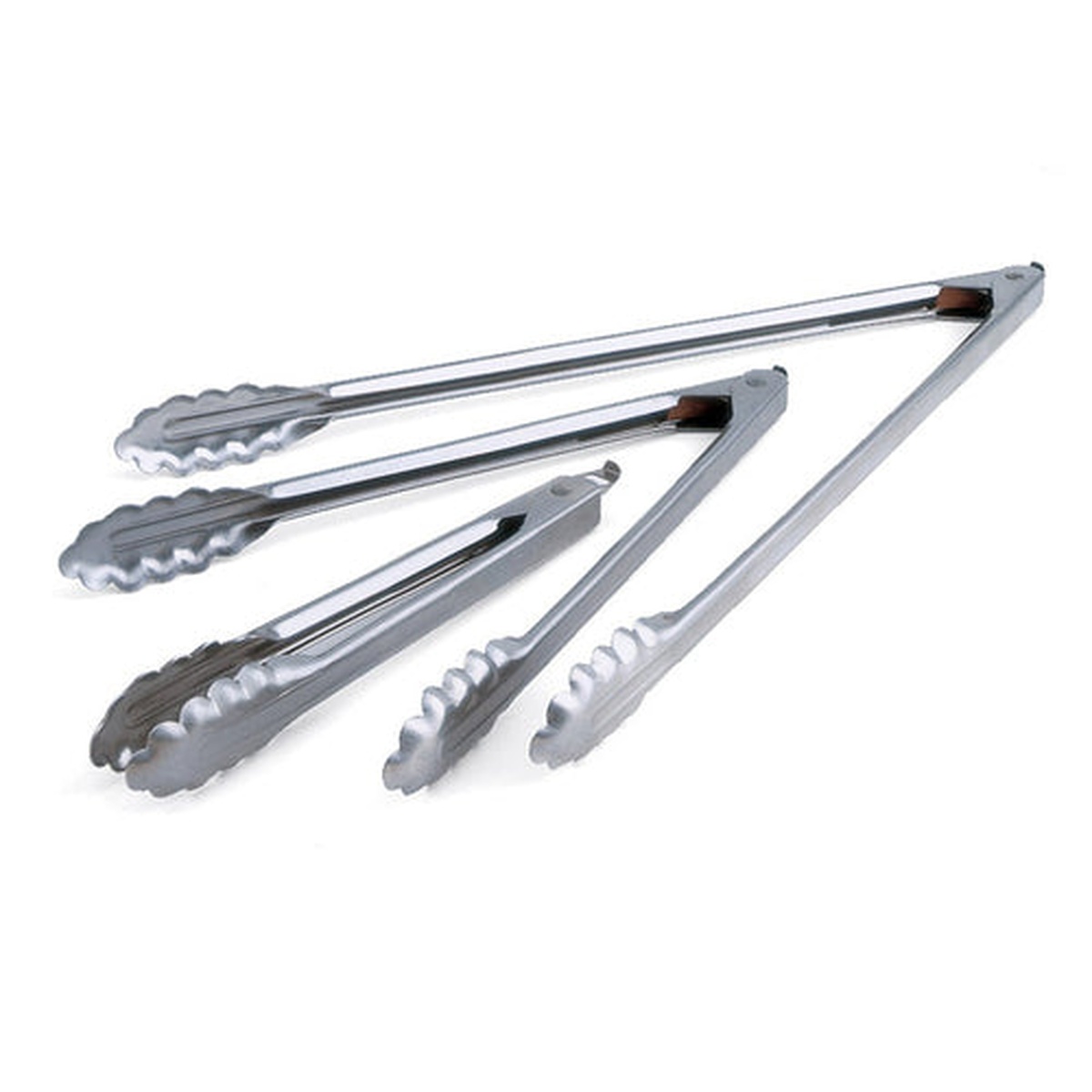 Three Edlund 4409HDL stainless steel scalloped tongs displayed at varying sizes on white background