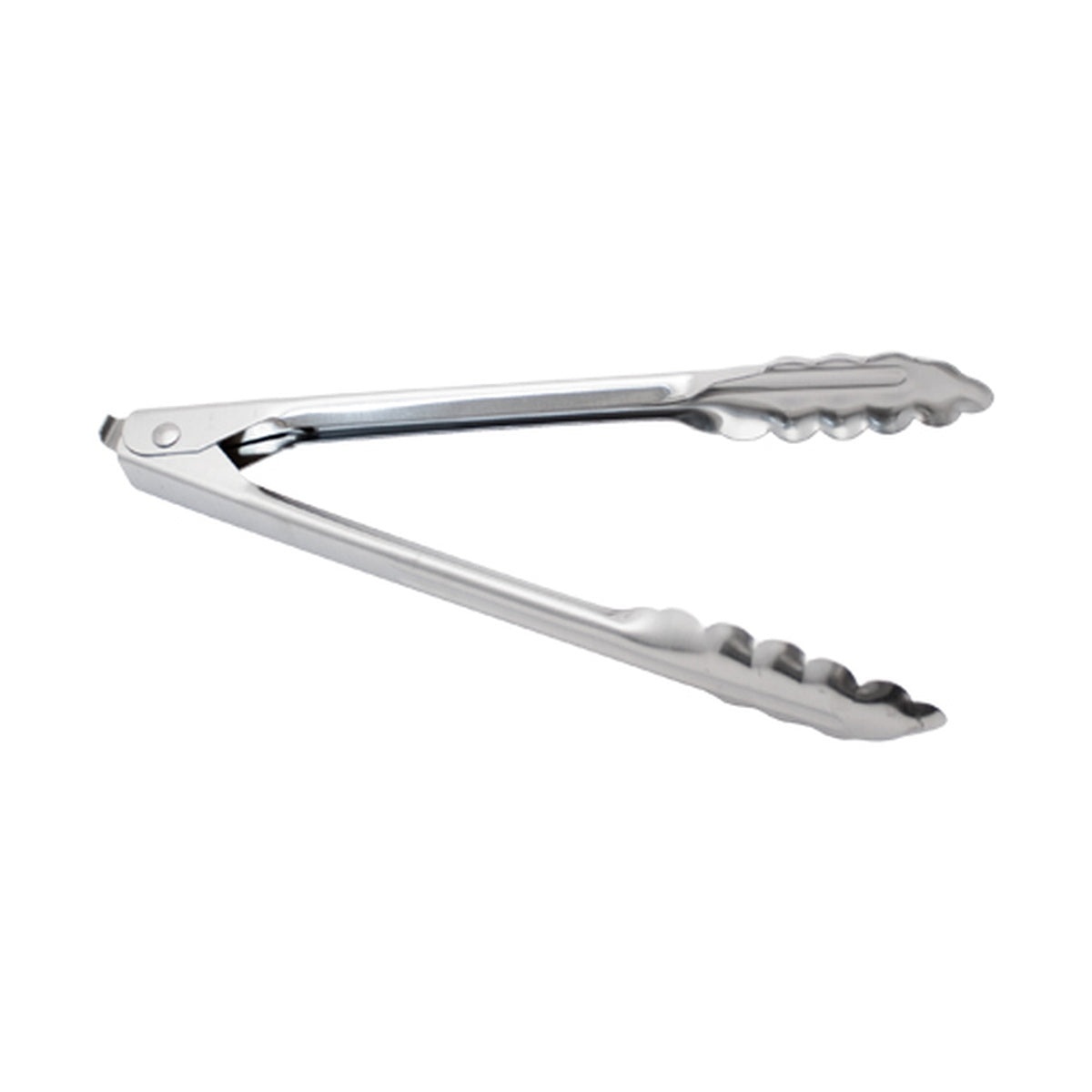 Single Edlund 4409HDL 9-inch stainless steel scalloped tong with locking mechanism on white background