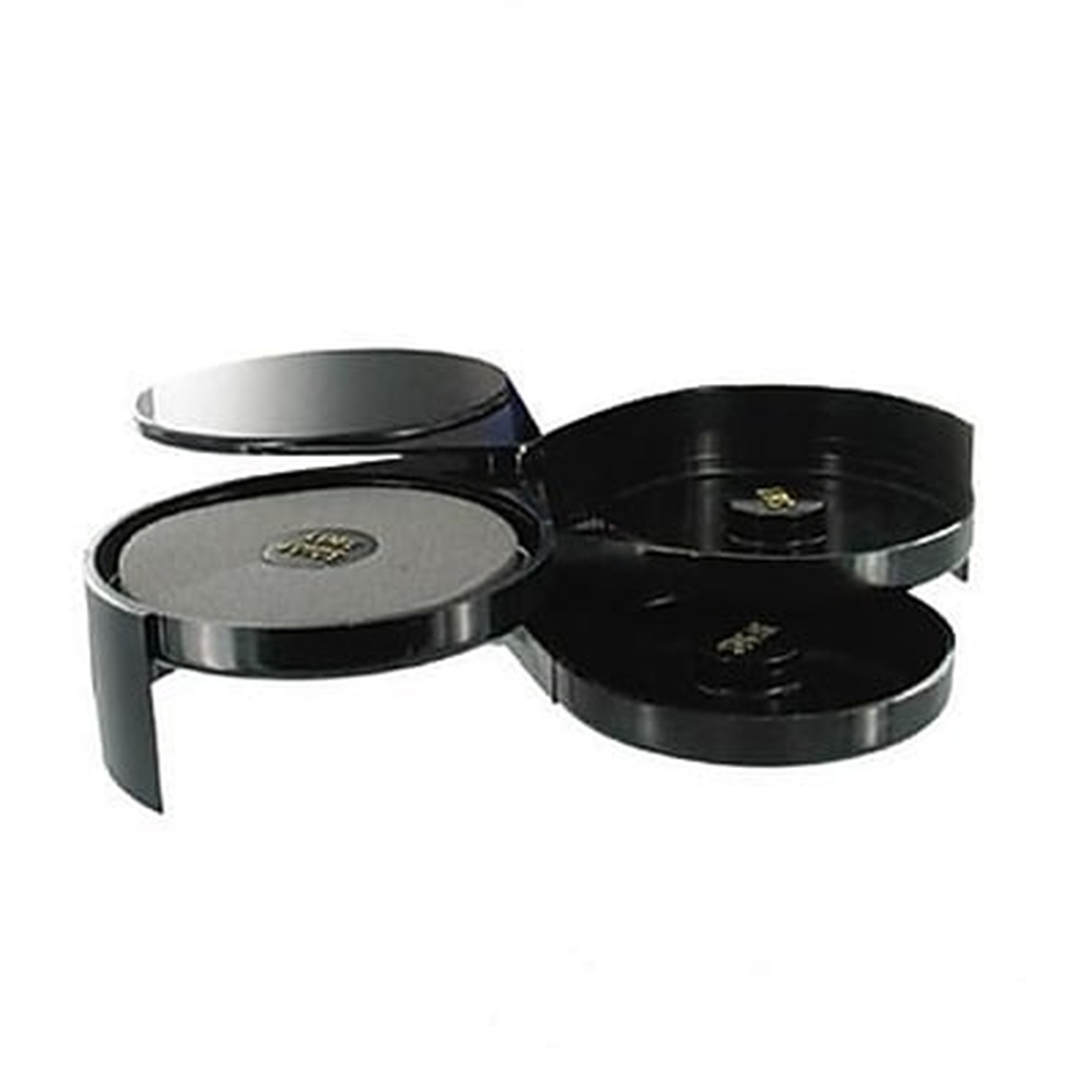Spill-Stop 444-00 black 3-tier plastic glass rimmer with three circular compartments for salt, sugar, and lime juice