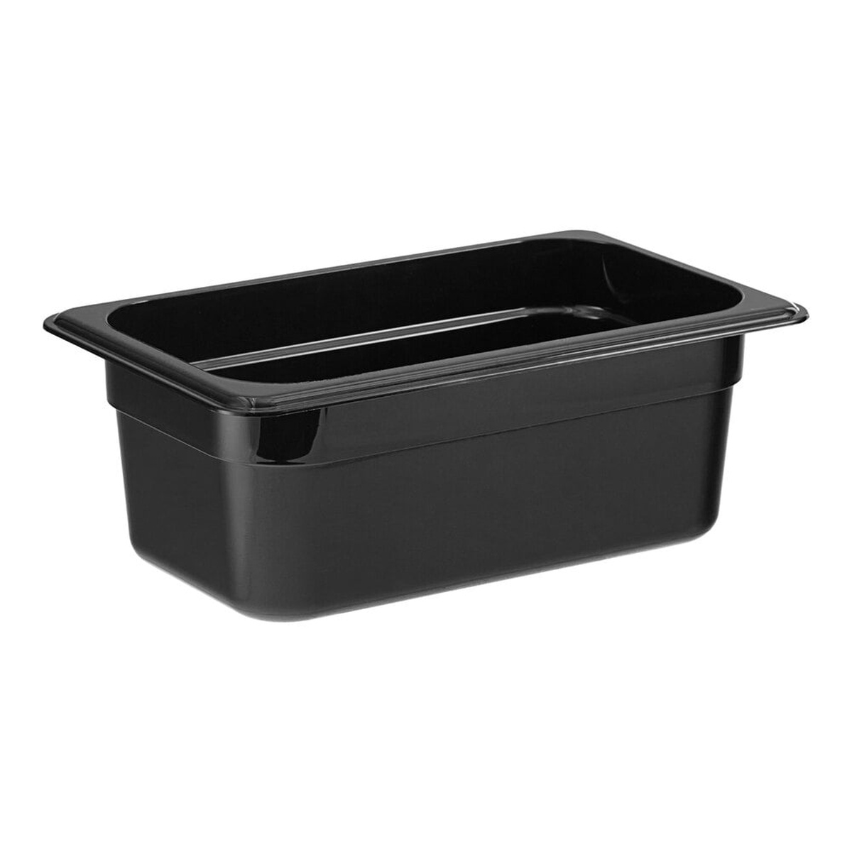 Cambro 44CW110 black polycarbonate 1/4 size food pan, 4 inches deep, shown on white background
