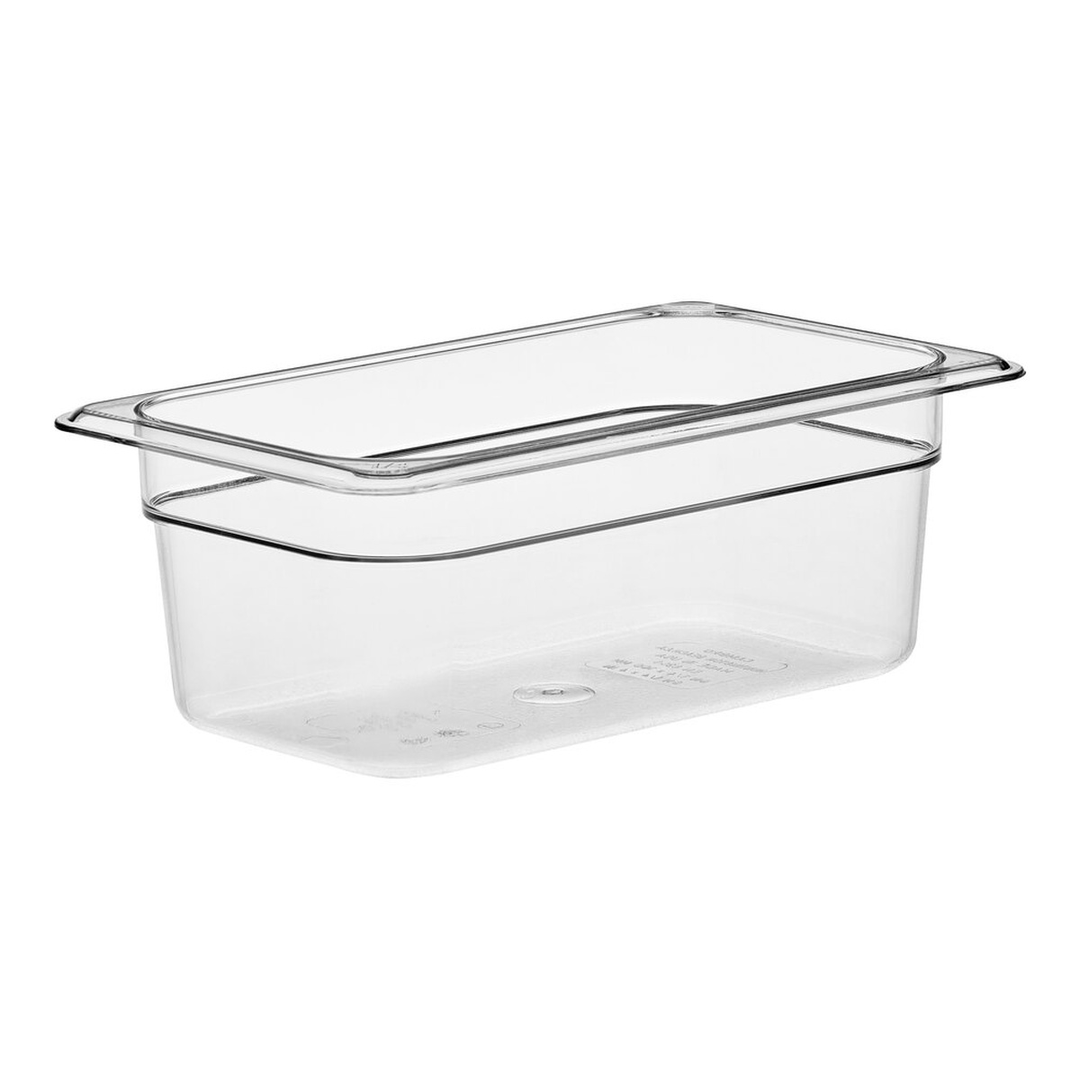 Cambro 44CW135 clear polycarbonate 1/4 size food pan, 4 inches deep, shown on white background
