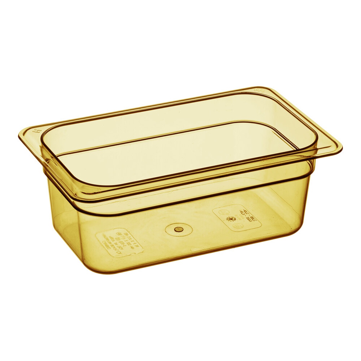 Cambro 44HP150 1/4 size amber high heat polysulfone food pan, 4 inches deep, shown on white background