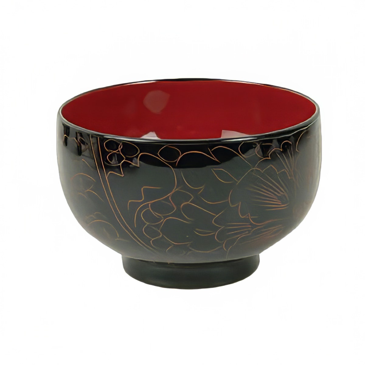 Thunder Group 45-3 melamine soup and rice bowl with black exterior, gold carved floral design, and red interior