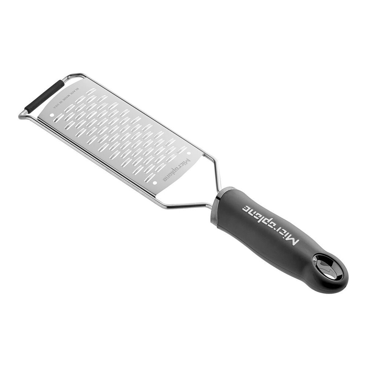Microplane Gourmet Series 45002 ribbon grater with stainless steel blade surface and black soft-grip handle on white background