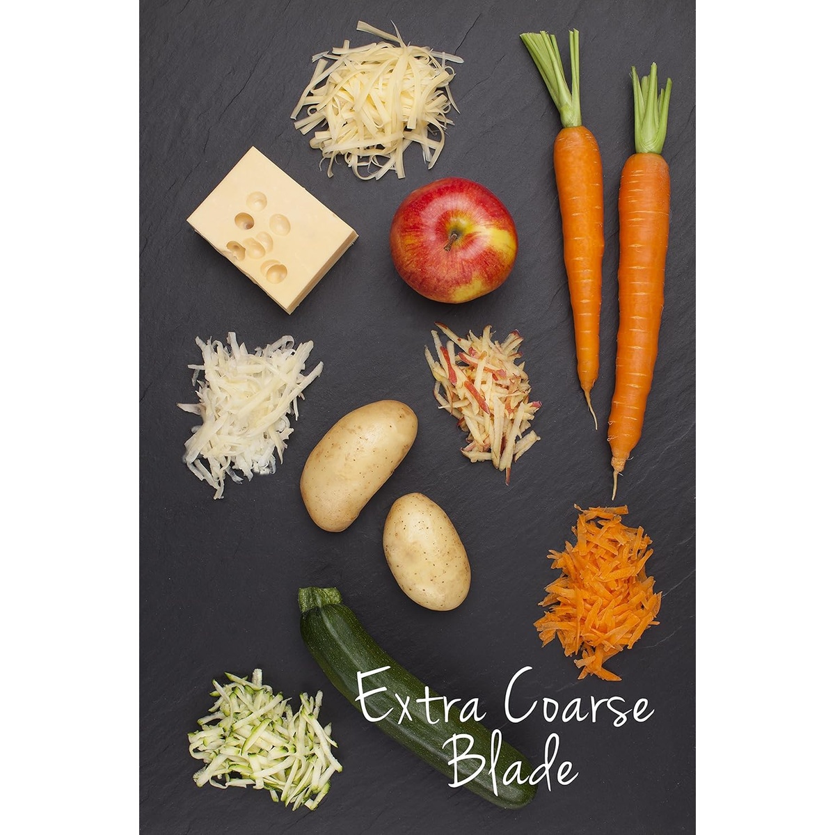 Grated results of various vegetables and cheese using the extra coarse blade
