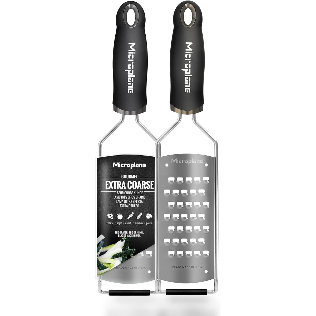 Microplane Gourmet Series Extra Coarse Grater with packaging showing food icons