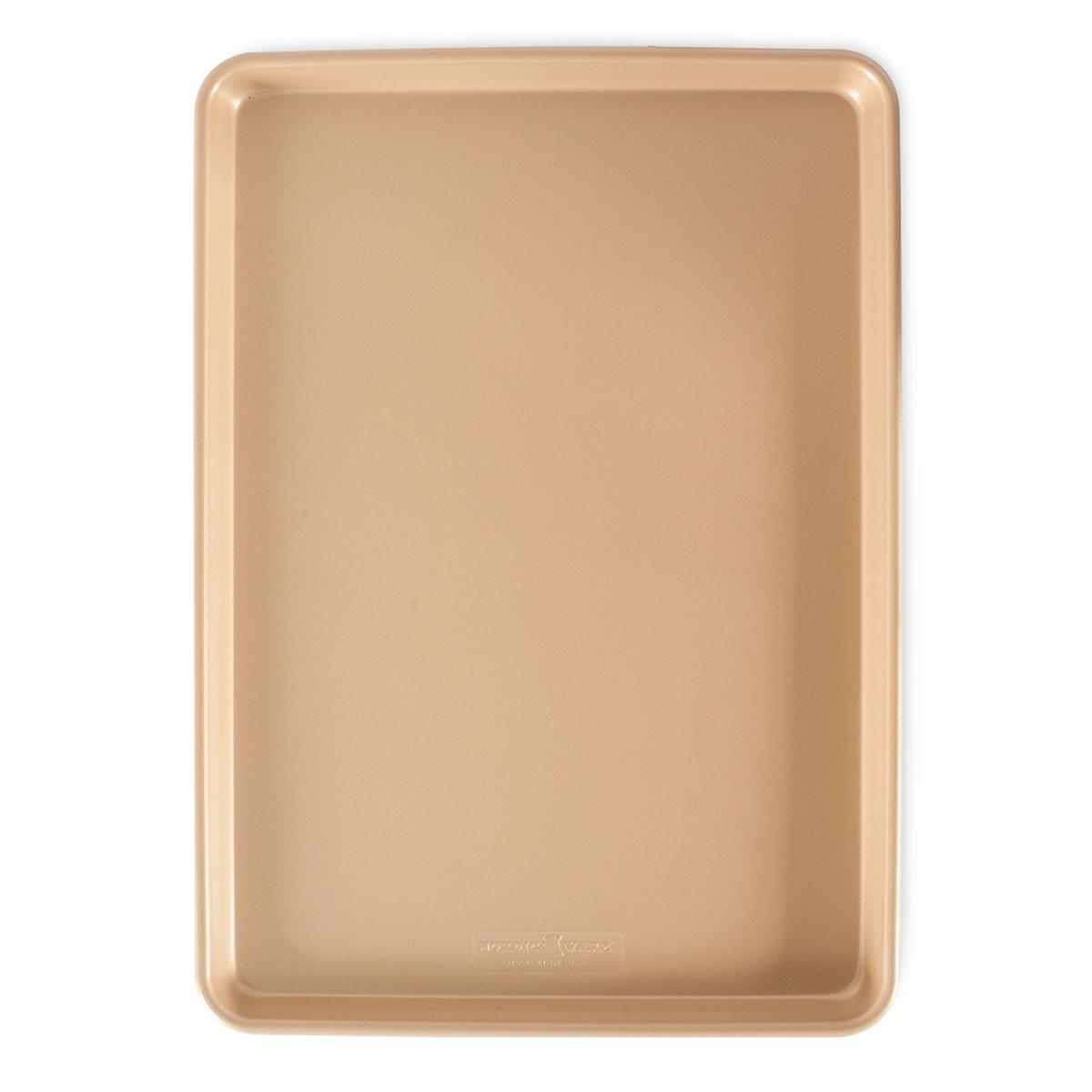 Overhead view of a Nordic Ware Naturals nonstick big sheet baking pan with gold nonstick finish