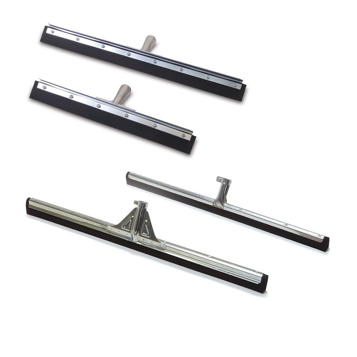 Malish 4518 Standard Moss Floor Squeegees with metal frames and black rubber blades shown in multiple sizes on white background