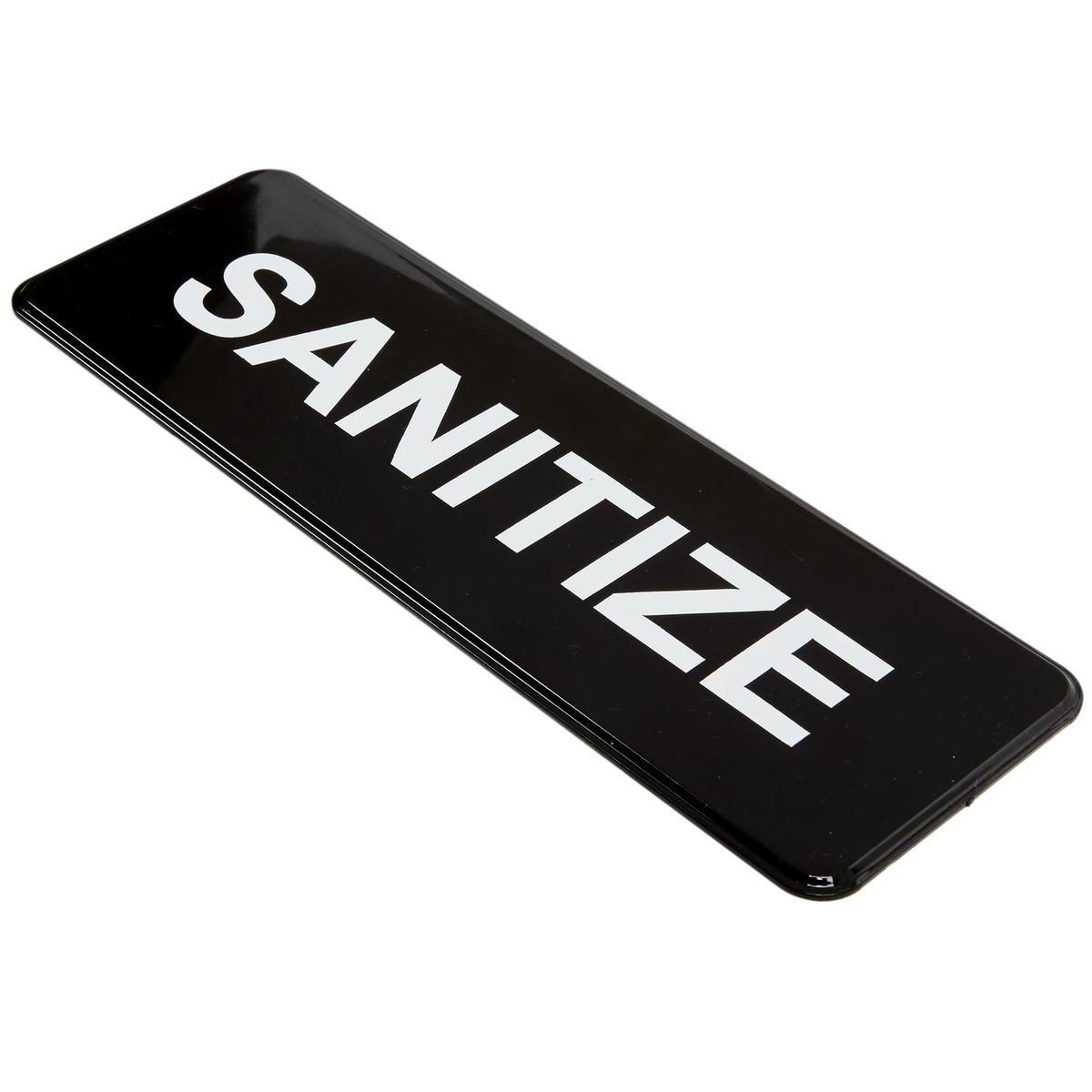 Vollrath 4519 SANITIZE sign - black rectangular plastic sign with bold white text