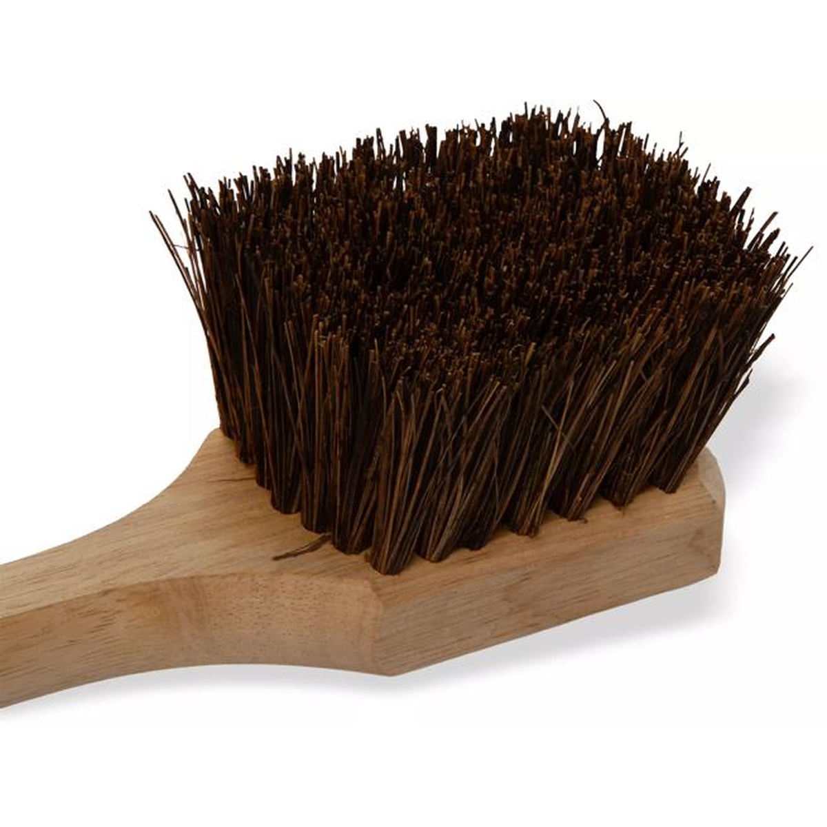 Close-up view of stiff palmyra bristles on the Sparta utility scrub brush with hardwood block base