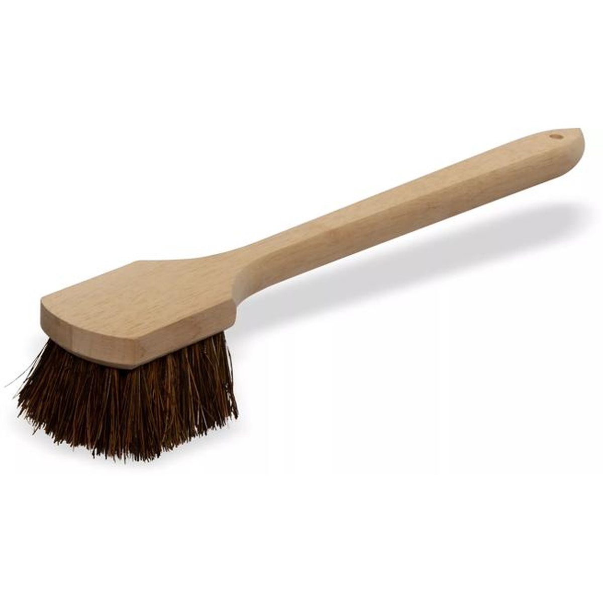 Angled view of the Sparta utility scrub brush showing the full hardwood handle, hanging hole, and palmyra bristle head