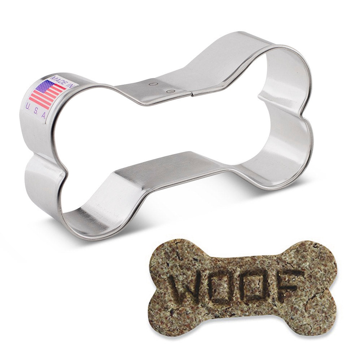 Dog bone cookie cutter made in USA with a dog biscuit shaped treat