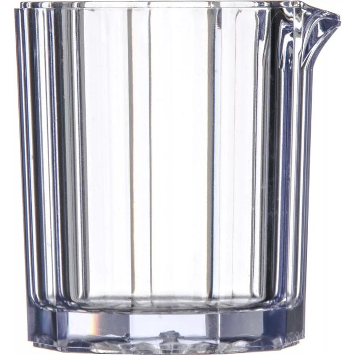 Carlisle 456007 clear SAN syrup pitcher and creamer, front view showing vertical ribbing and no-drip pour lip