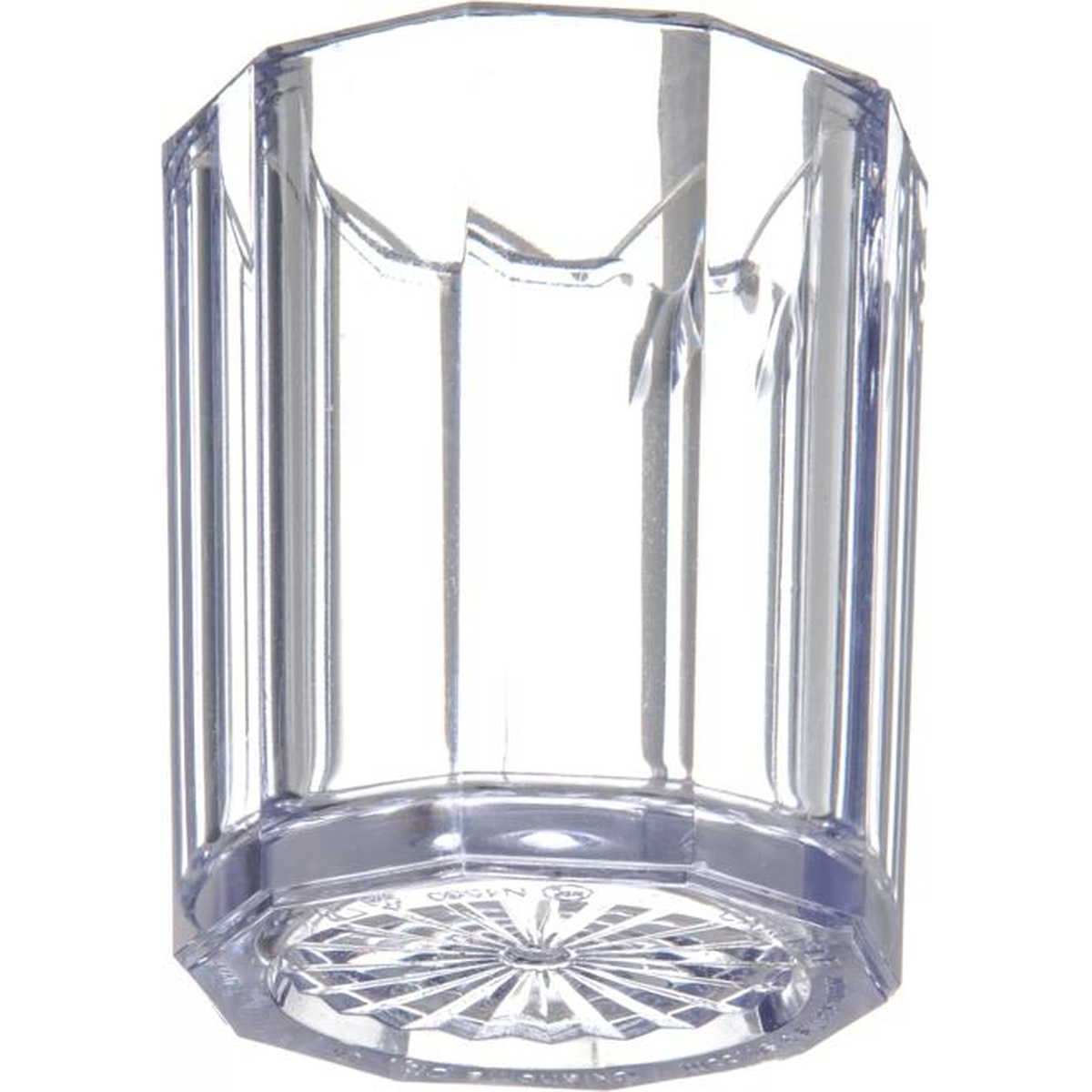 Carlisle 456007 clear SAN creamer pitcher, angled view showing faceted exterior and patterned base