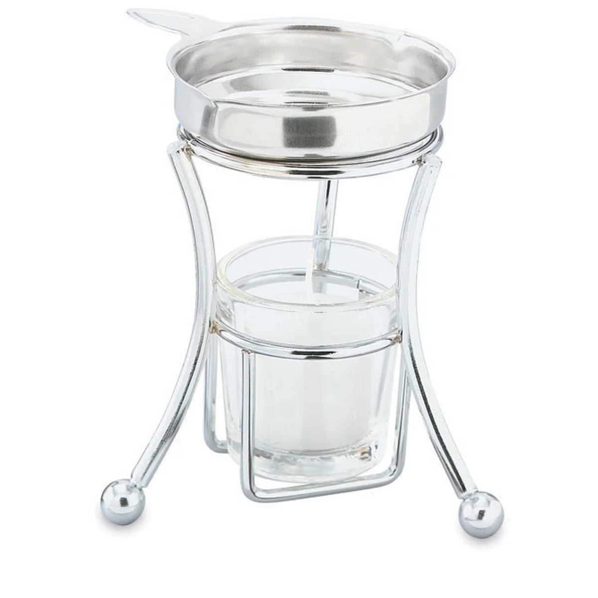 Vollrath 45690 chrome butter melter stand with wire frame legs, ball-tipped feet, and a glass candle holder shown assembled