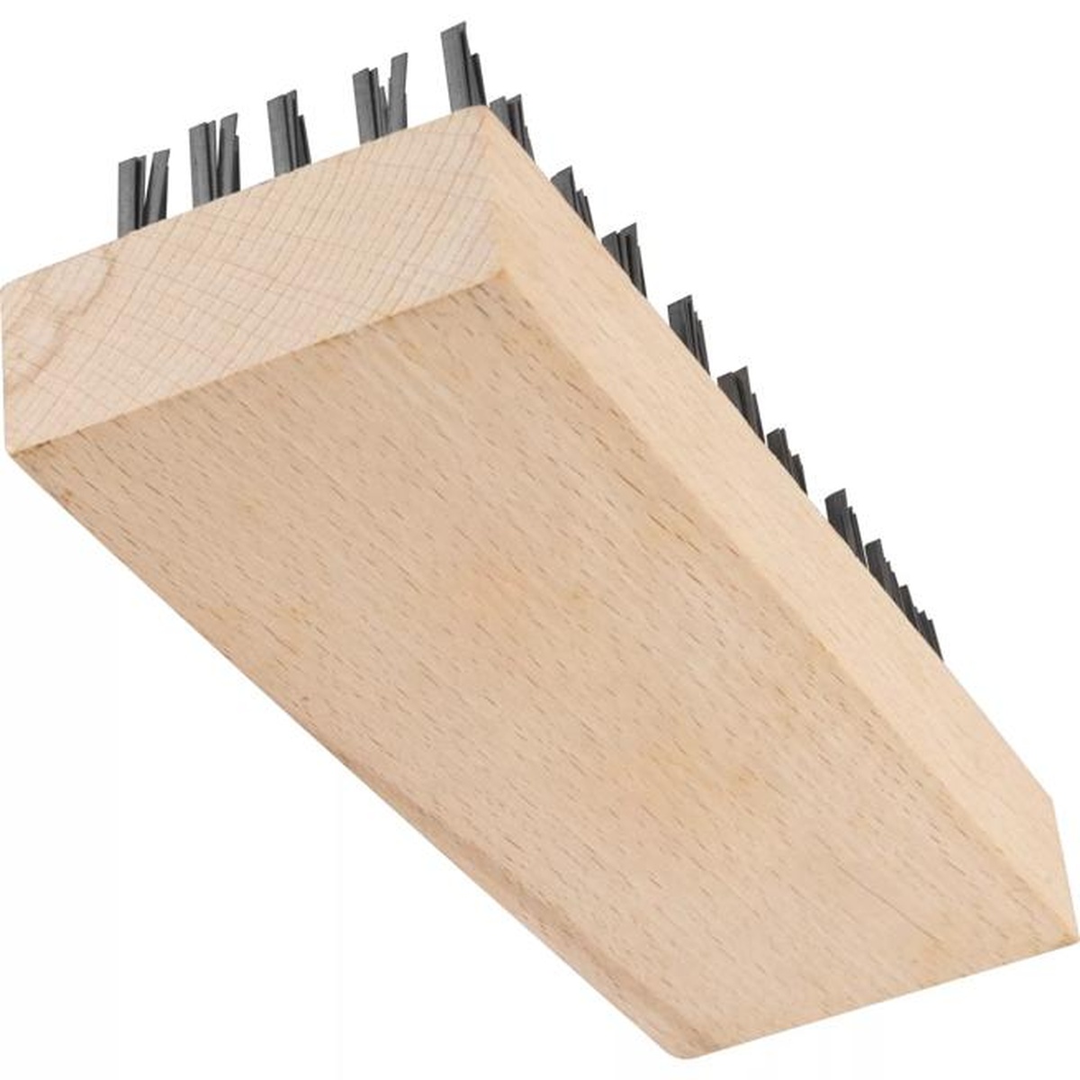 Carlisle 4578100 butcher block brush angled view showing wooden handle and tempered steel wire bristles