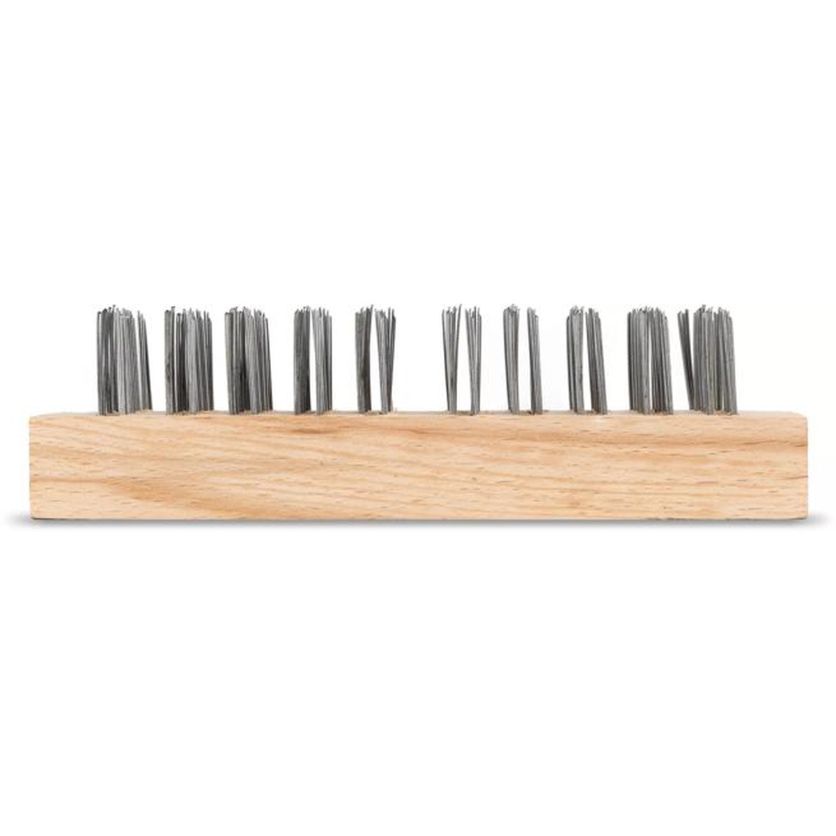 Carlisle butcher block brush front profile view showing rows of steel wire bristles in wooden base
