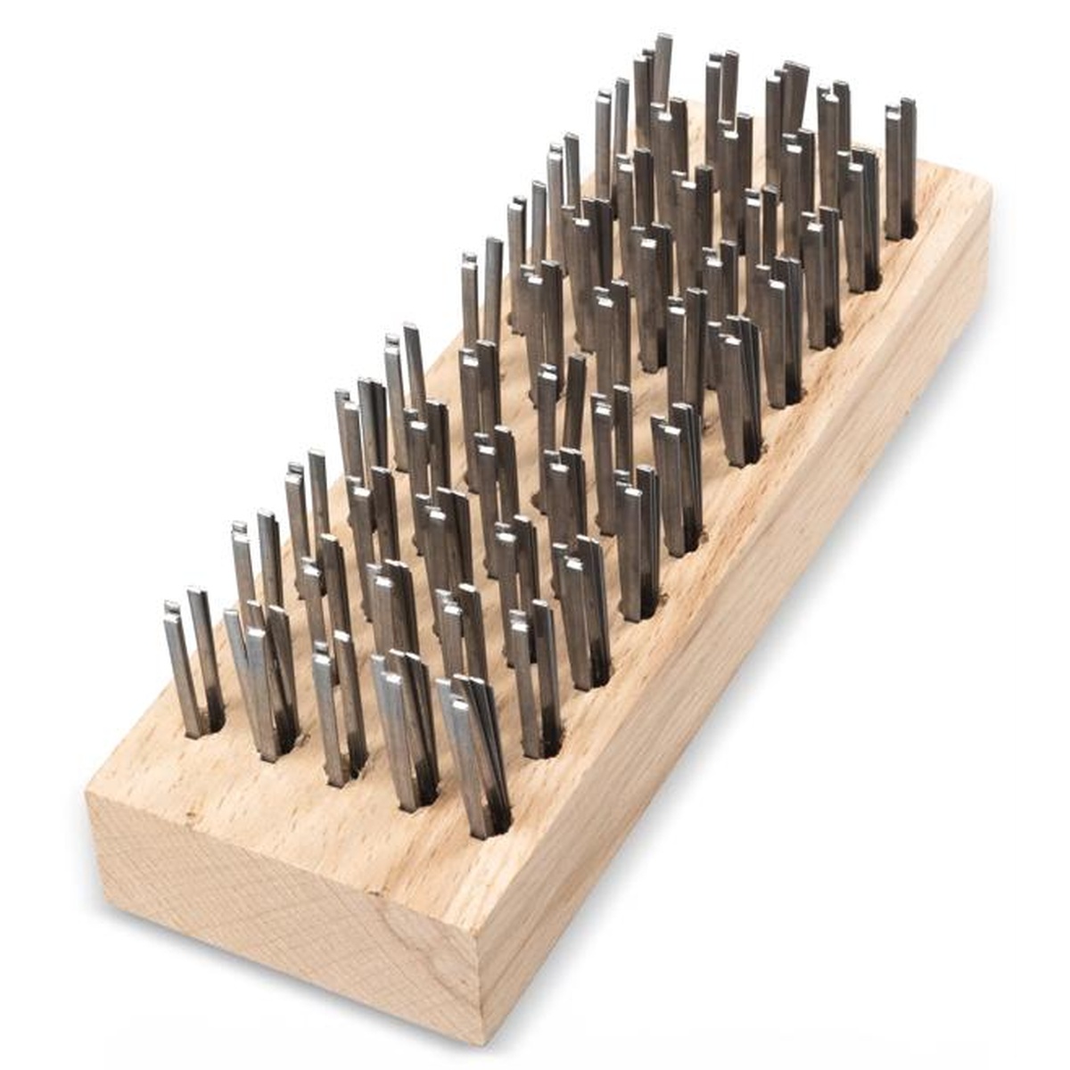 Carlisle 4578100 butcher block brush top angled view showing full steel bristle coverage and solid wood handle
