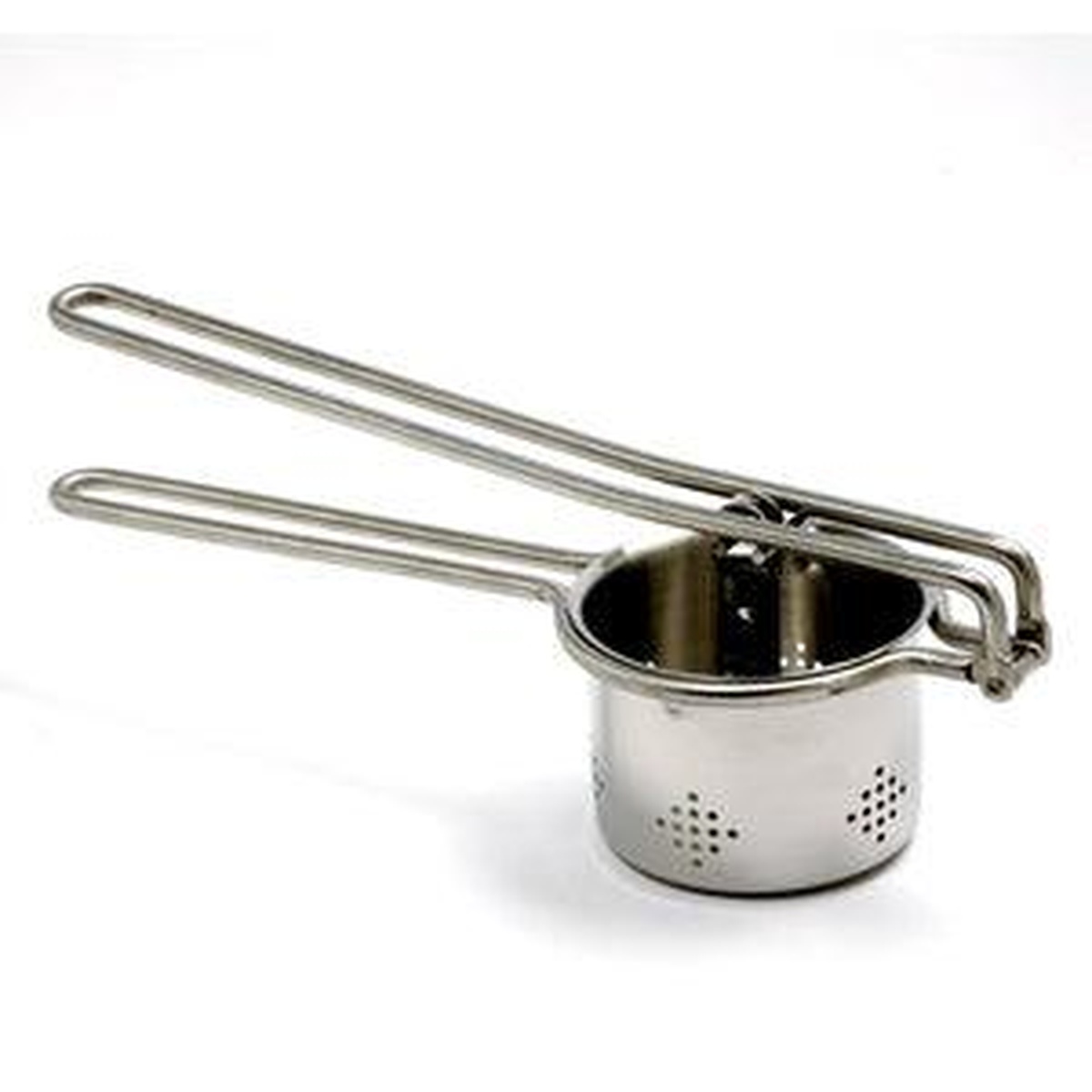 Norpro 459 stainless steel potato ricer with long handles and perforated basket bowl