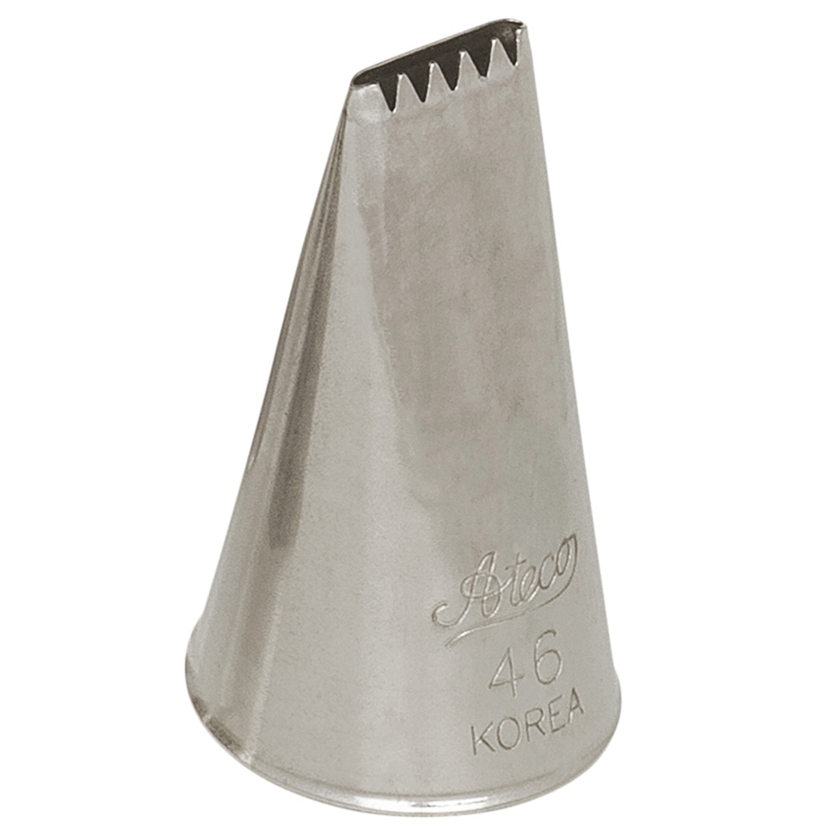 Ateco #46 stainless steel basketweave pastry tube with serrated ribbon opening, engraved with Ateco logo and Korea markings