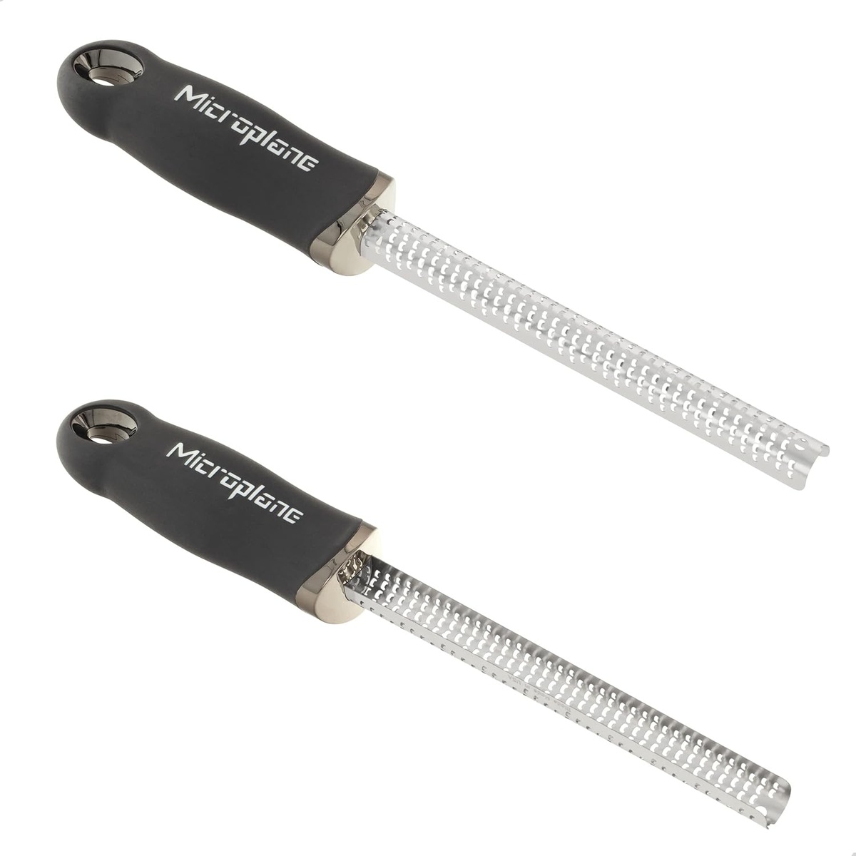 Microplane spice grater shown with and without its protective reusable cover