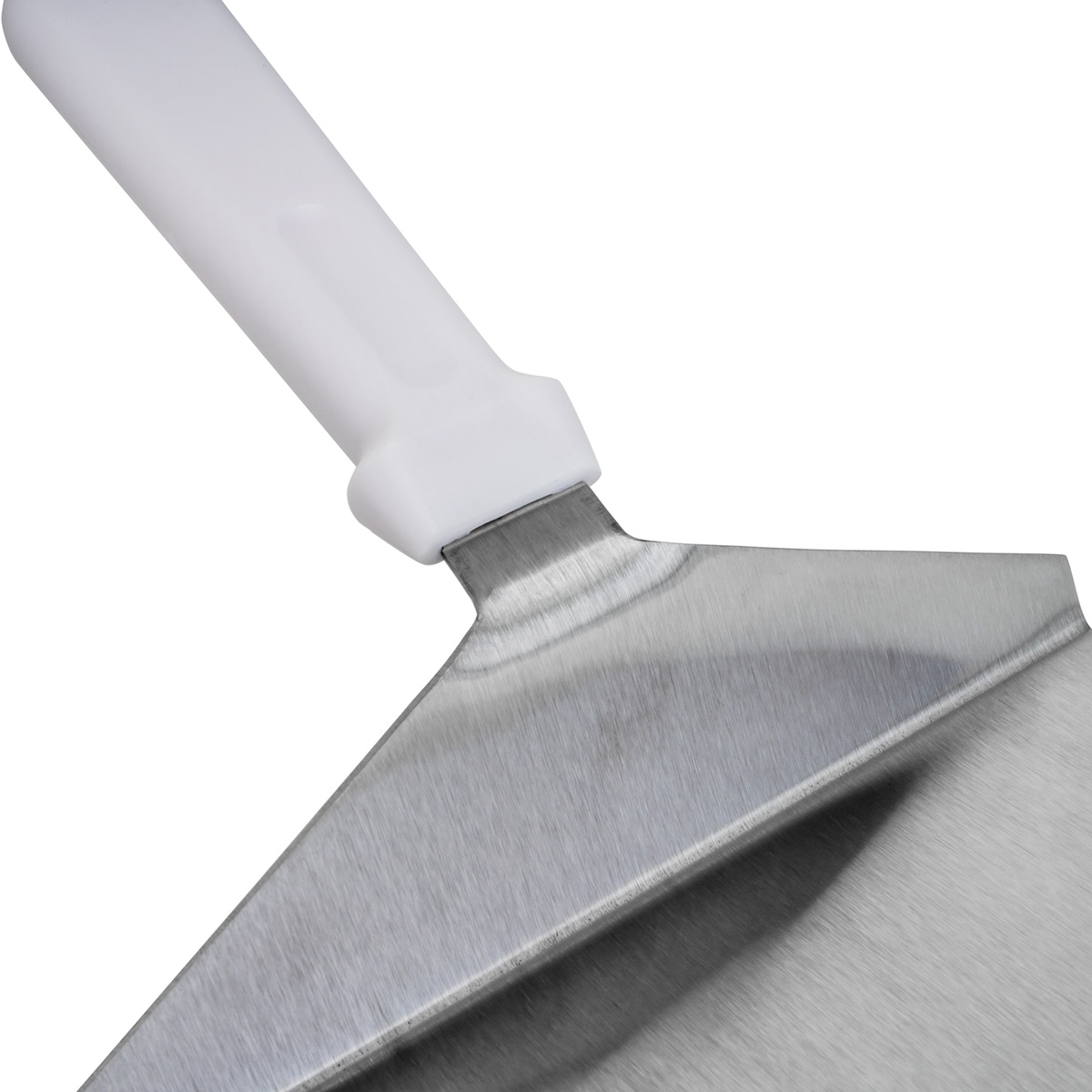 Close-up of the Tablecraft 461W handle-to-blade connection showing stainless steel riveted construction and white ABS handle
