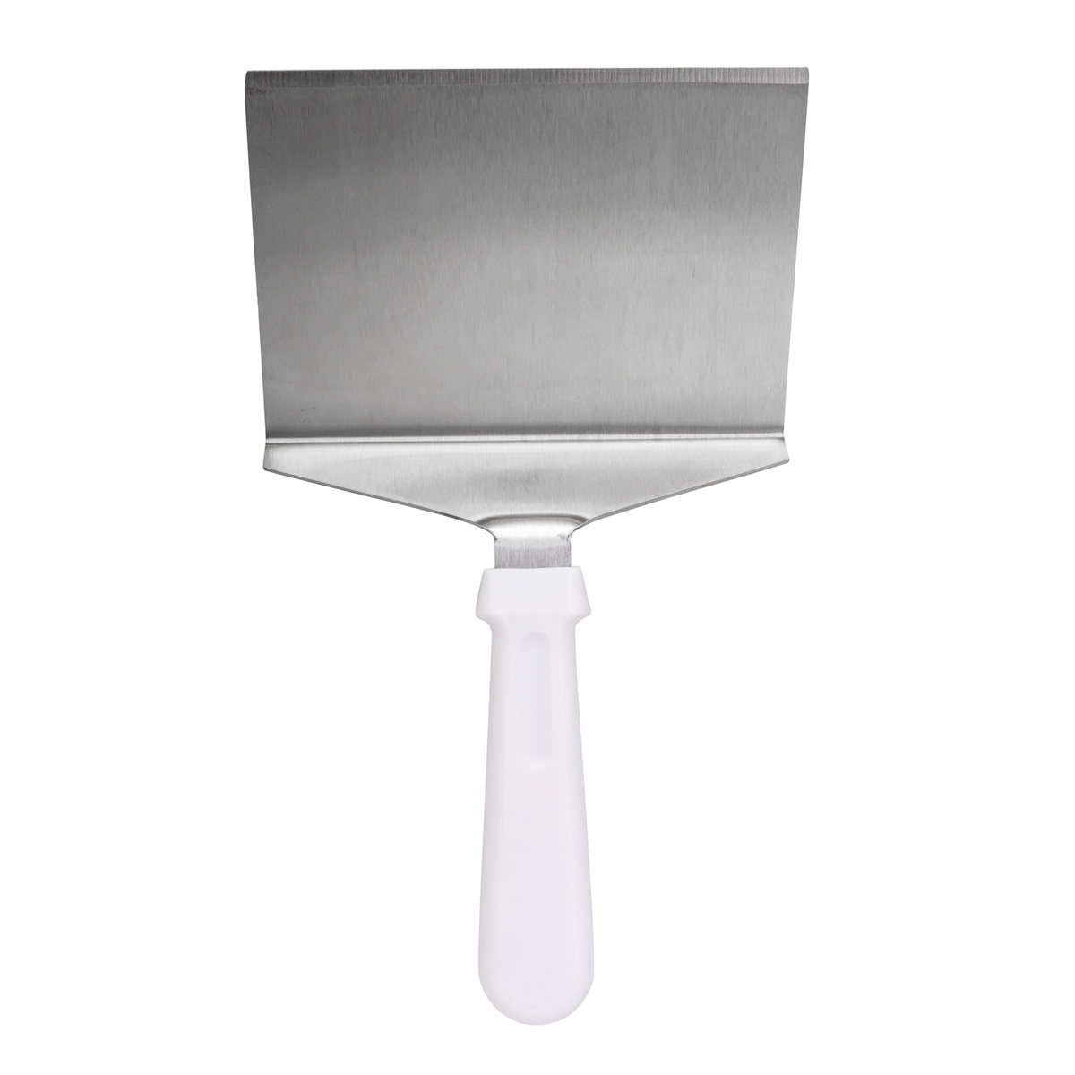 Front-facing view of Tablecraft 461W turner showing square stainless steel blade and white ABS handle