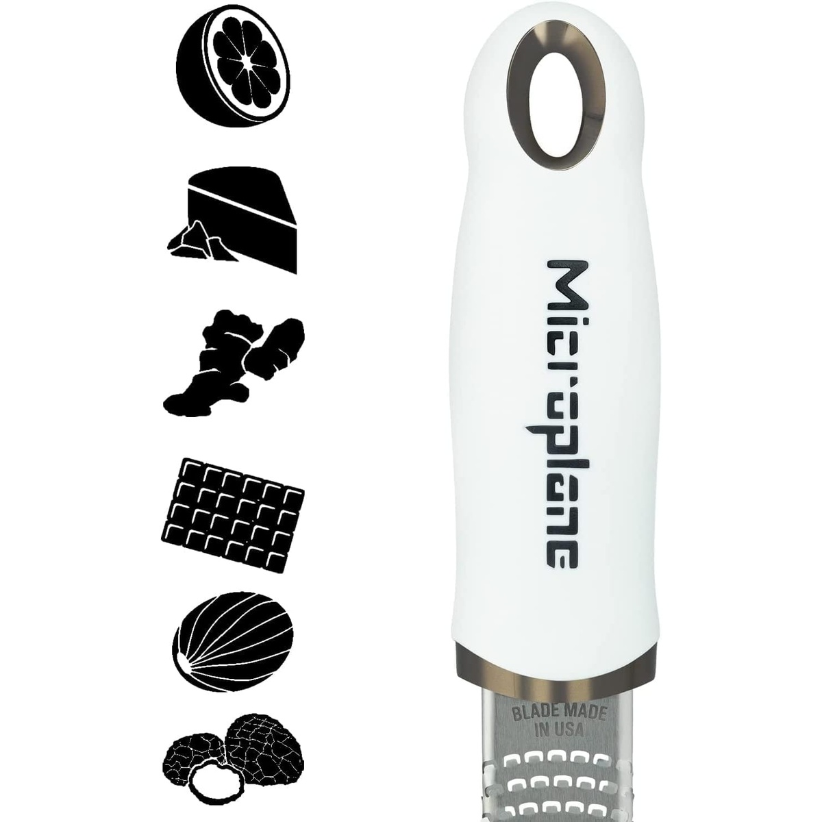 Detail of the white ergonomic soft touch handle with ingredient icons