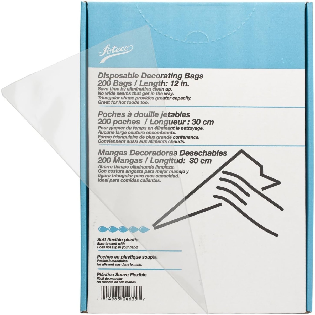 Ateco 4635 12-inch disposable decorating bag box with clear bag displayed in front, showing product details