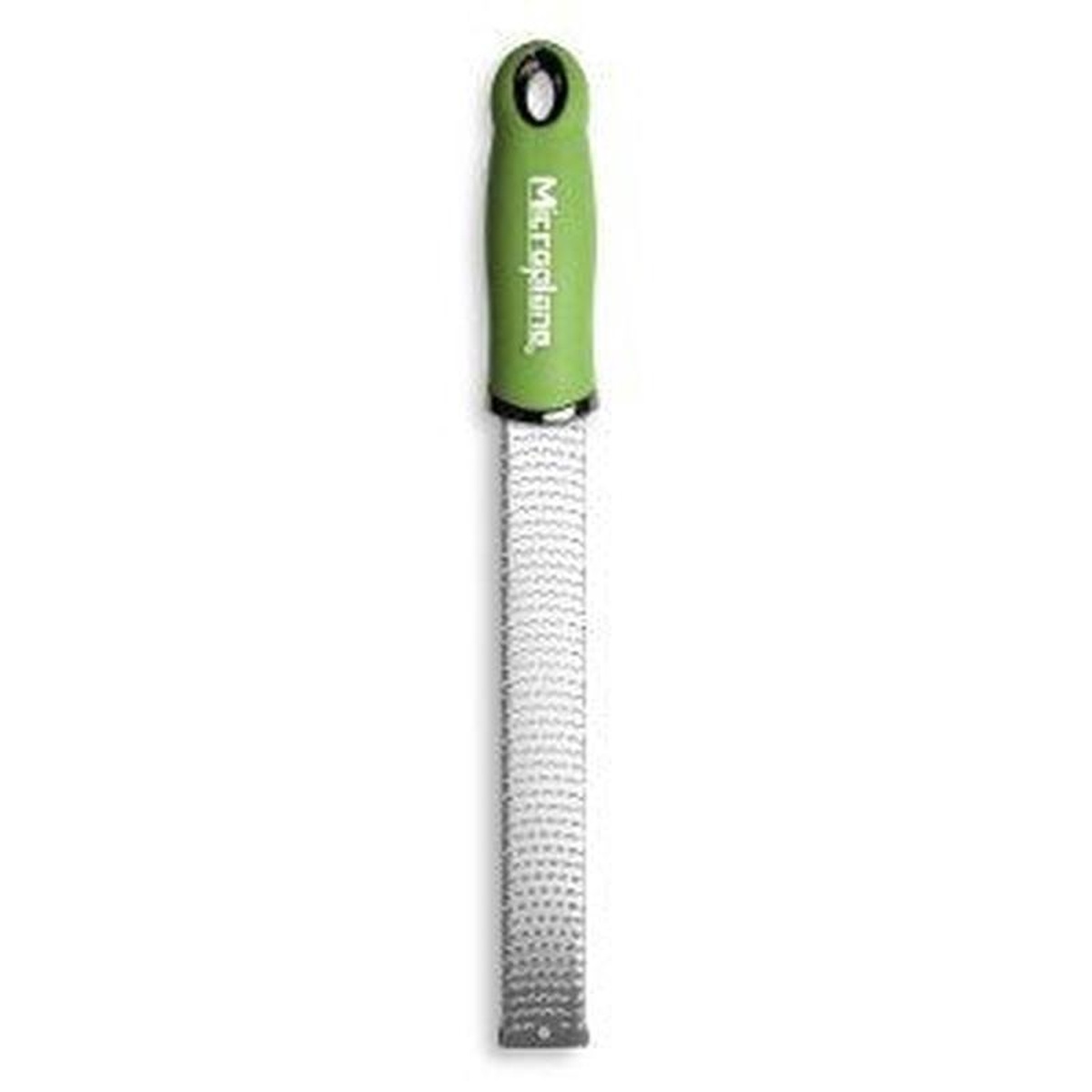 Microplane 46720 Premium Classic Zester Grater with green ergonomic soft-touch handle and stainless steel grating blade